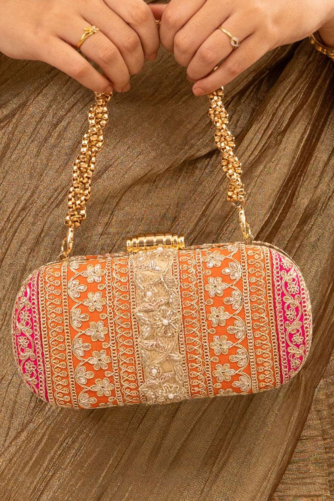 Orange and Pink Naaz Capsule Clutch