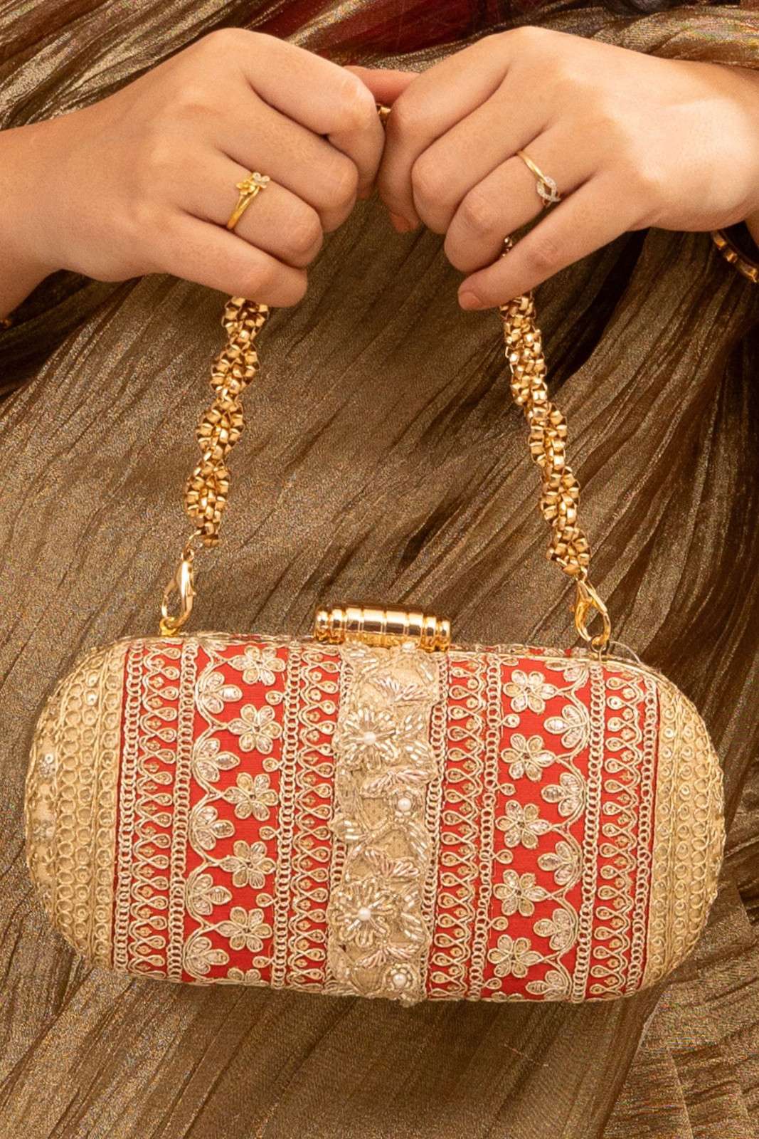 Red and Gold Naaz Capsule Clutch