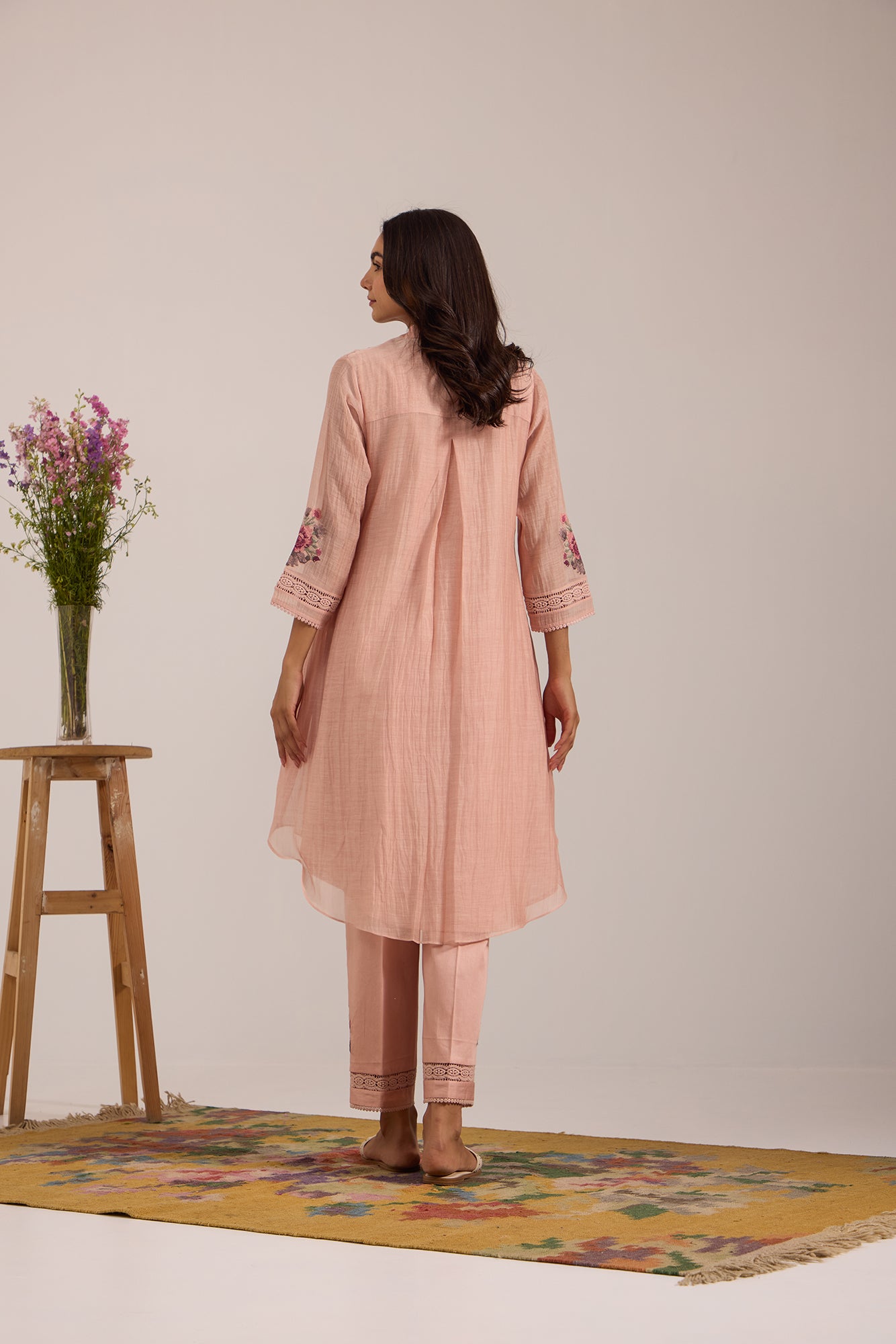 Pink V-Neck Lace Yoke Kiki Co-Ord Set