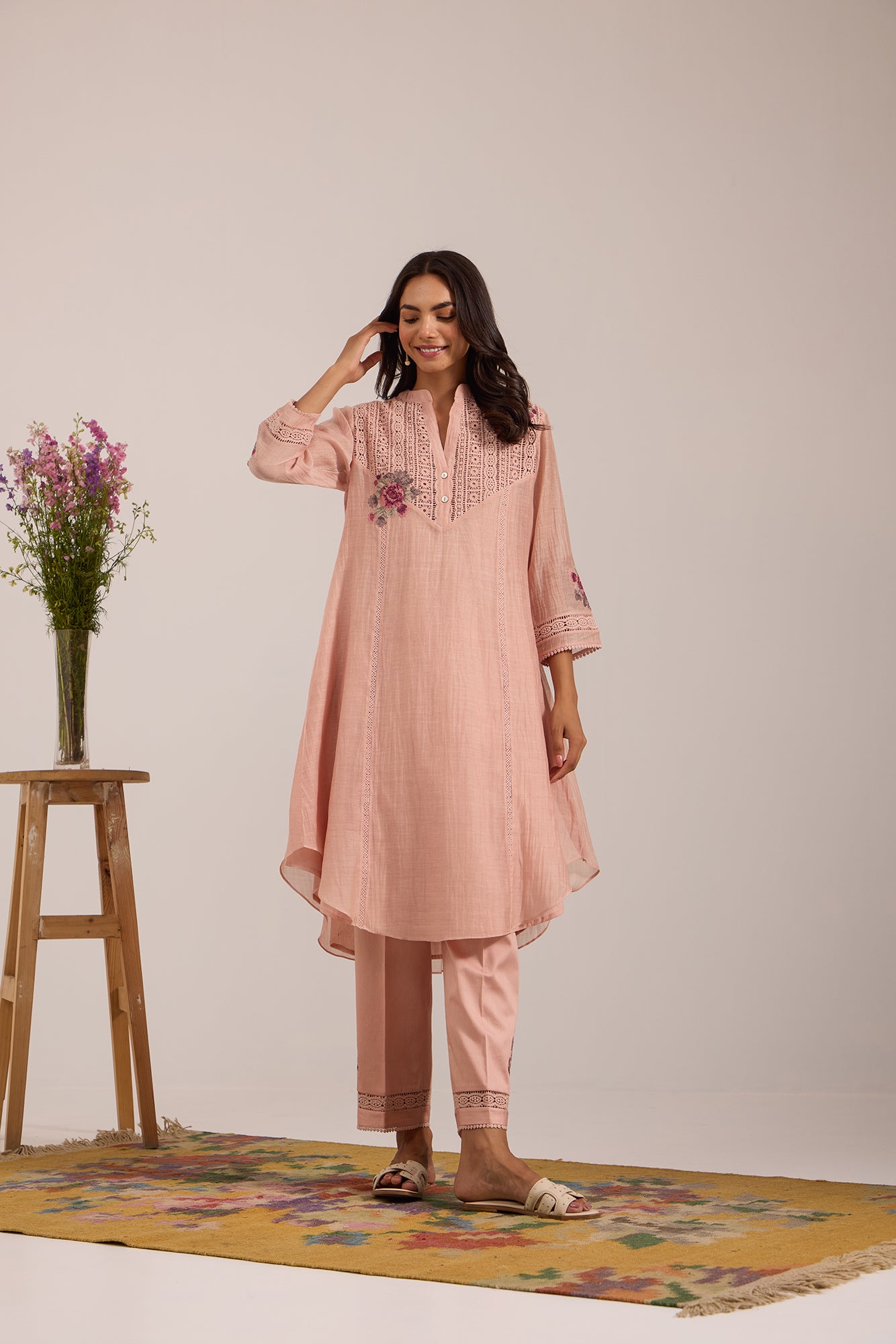 Pink V-Neck Lace Yoke Kiki Co-Ord Set