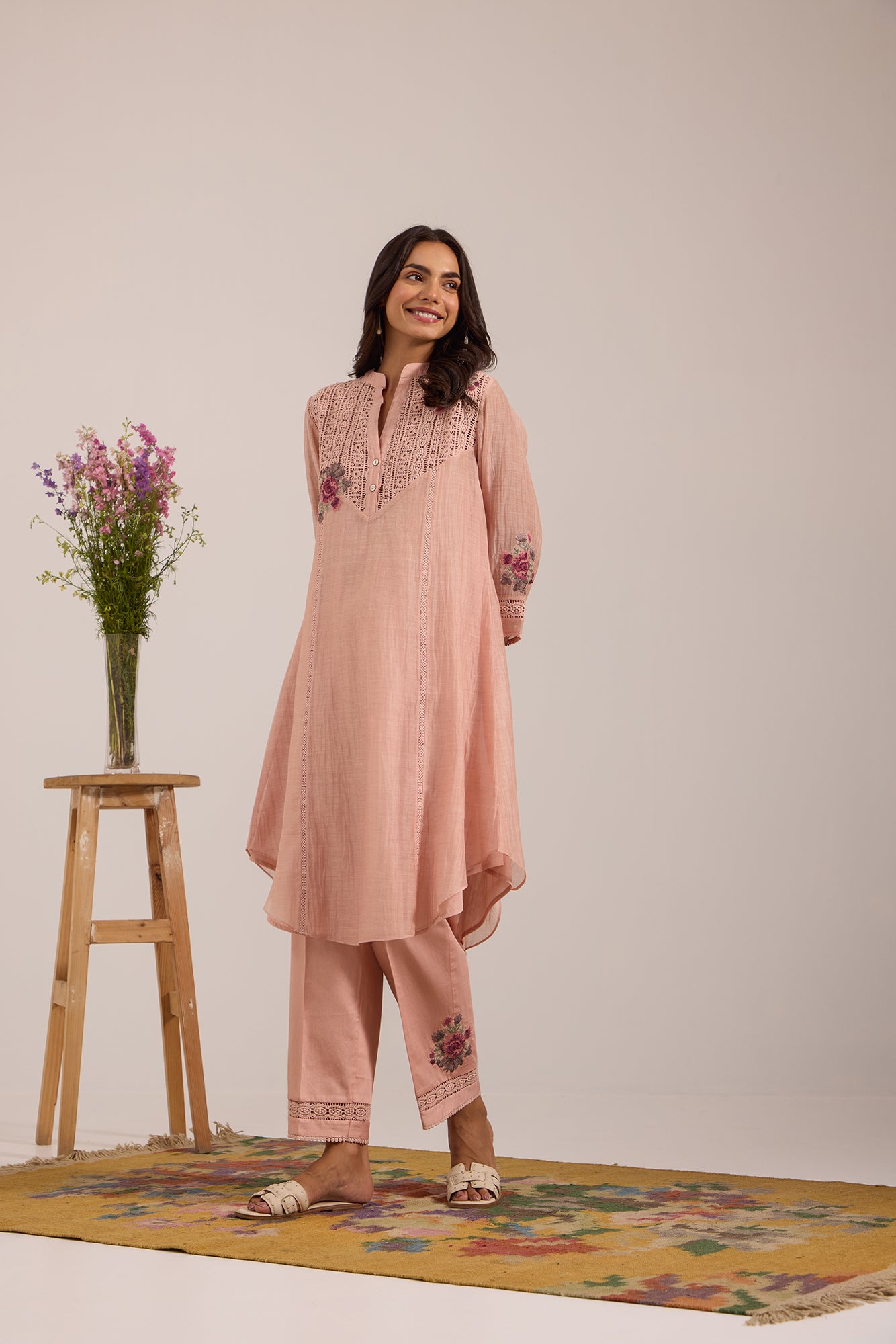 Pink V-Neck Lace Yoke Kiki Co-Ord Set