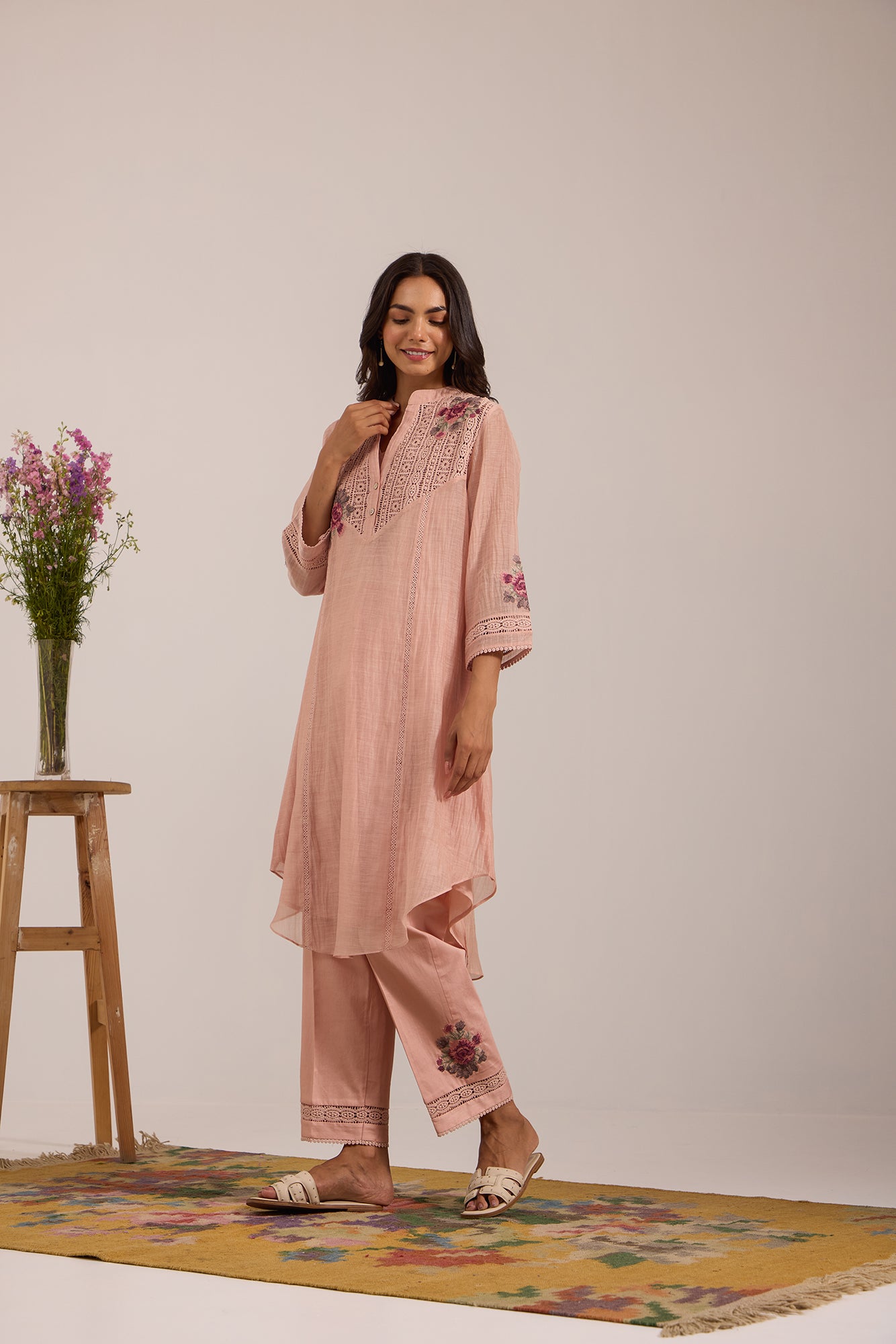 Pink V-Neck Lace Yoke Kiki Co-Ord Set