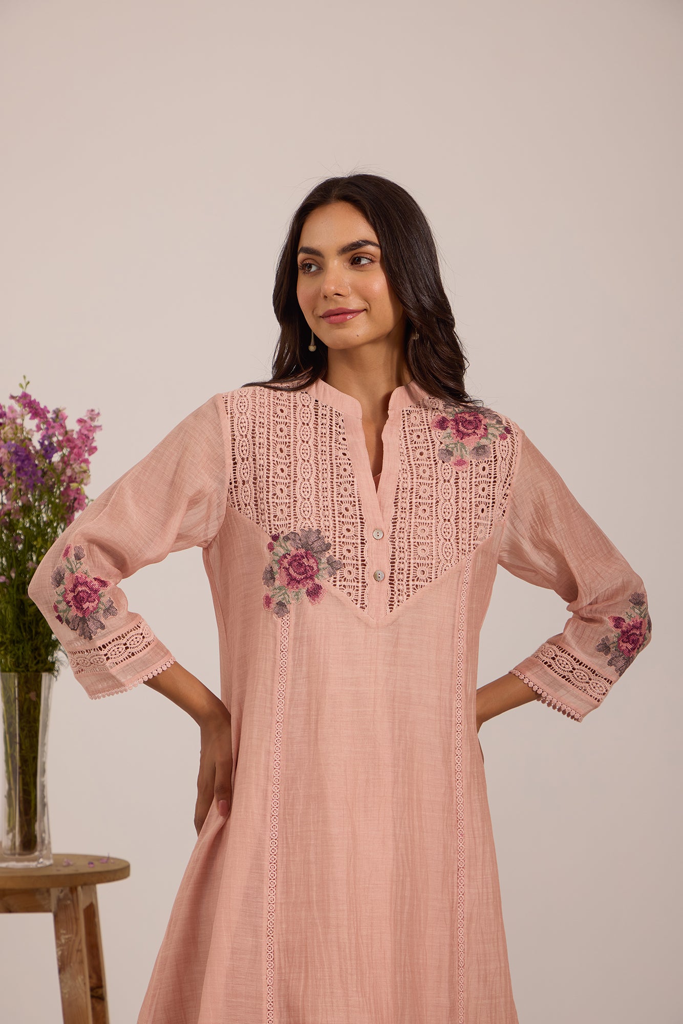 Pink V-Neck Lace Yoke Kiki Co-Ord Set