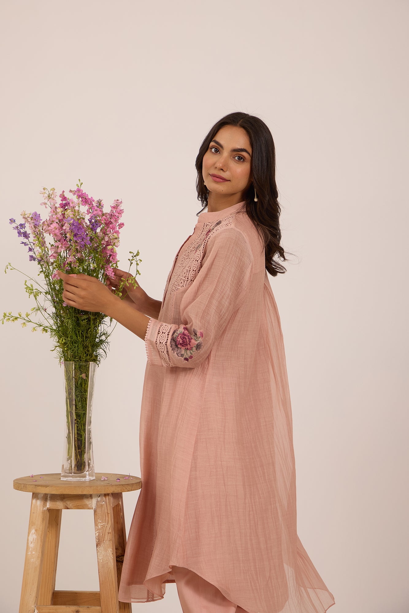 Pink V-Neck Lace Yoke Kiki Co-Ord Set