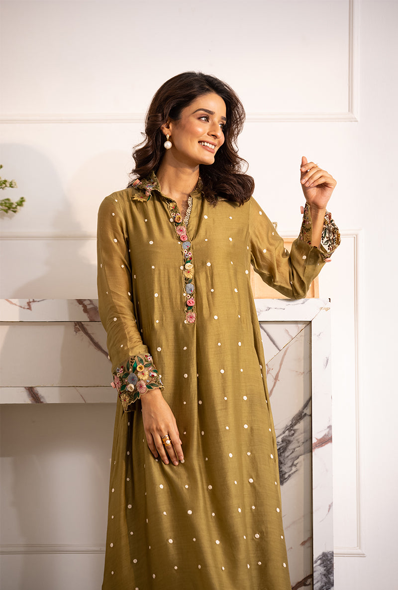 Olive Green Orchid Collar Sahiba Kurta Set