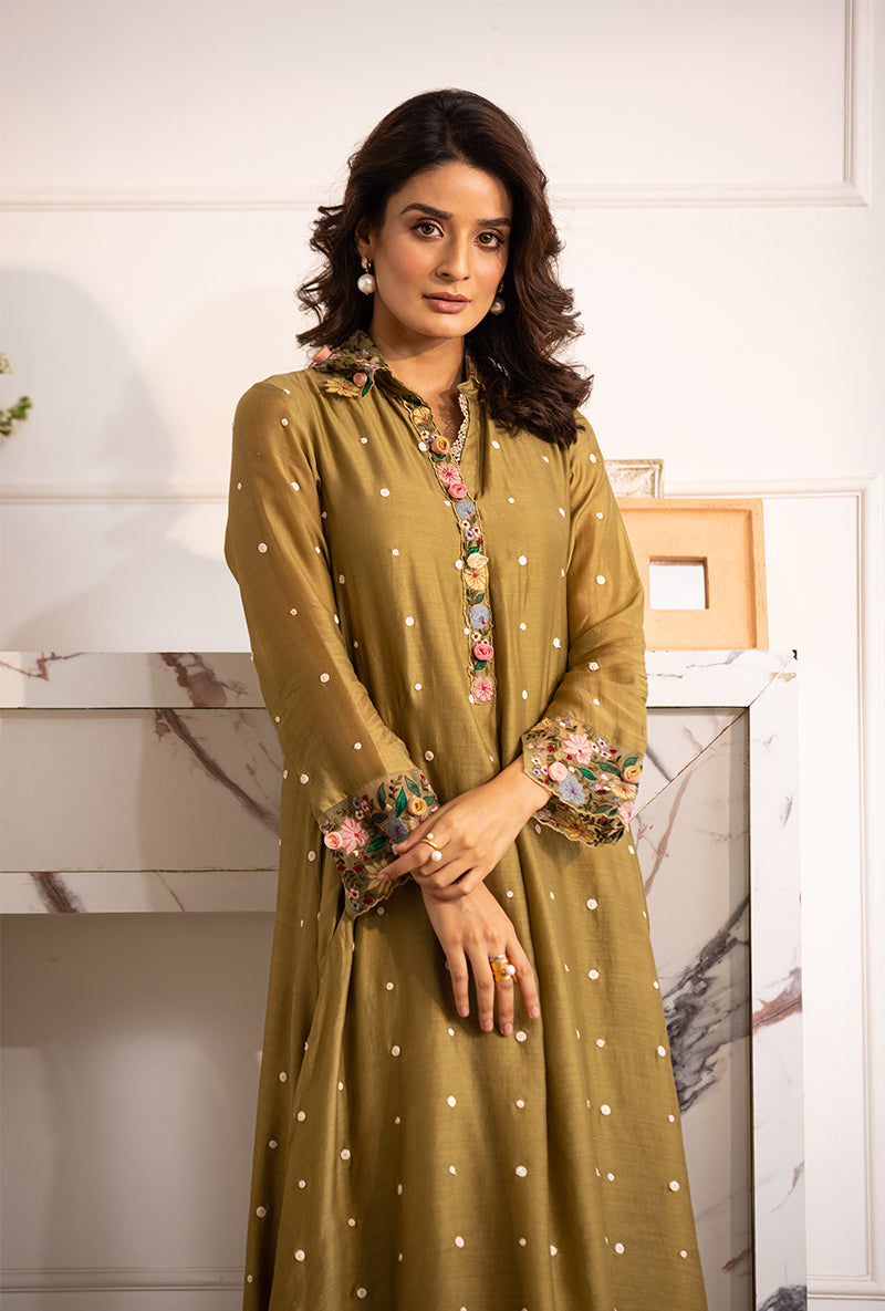 Olive Green Orchid Collar Sahiba Kurta Set