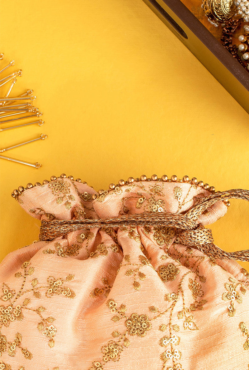 Peach Alia Silk Embroidered Potli Bag