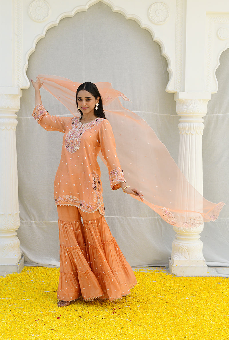 Peach Dotted Izra Gharara Set