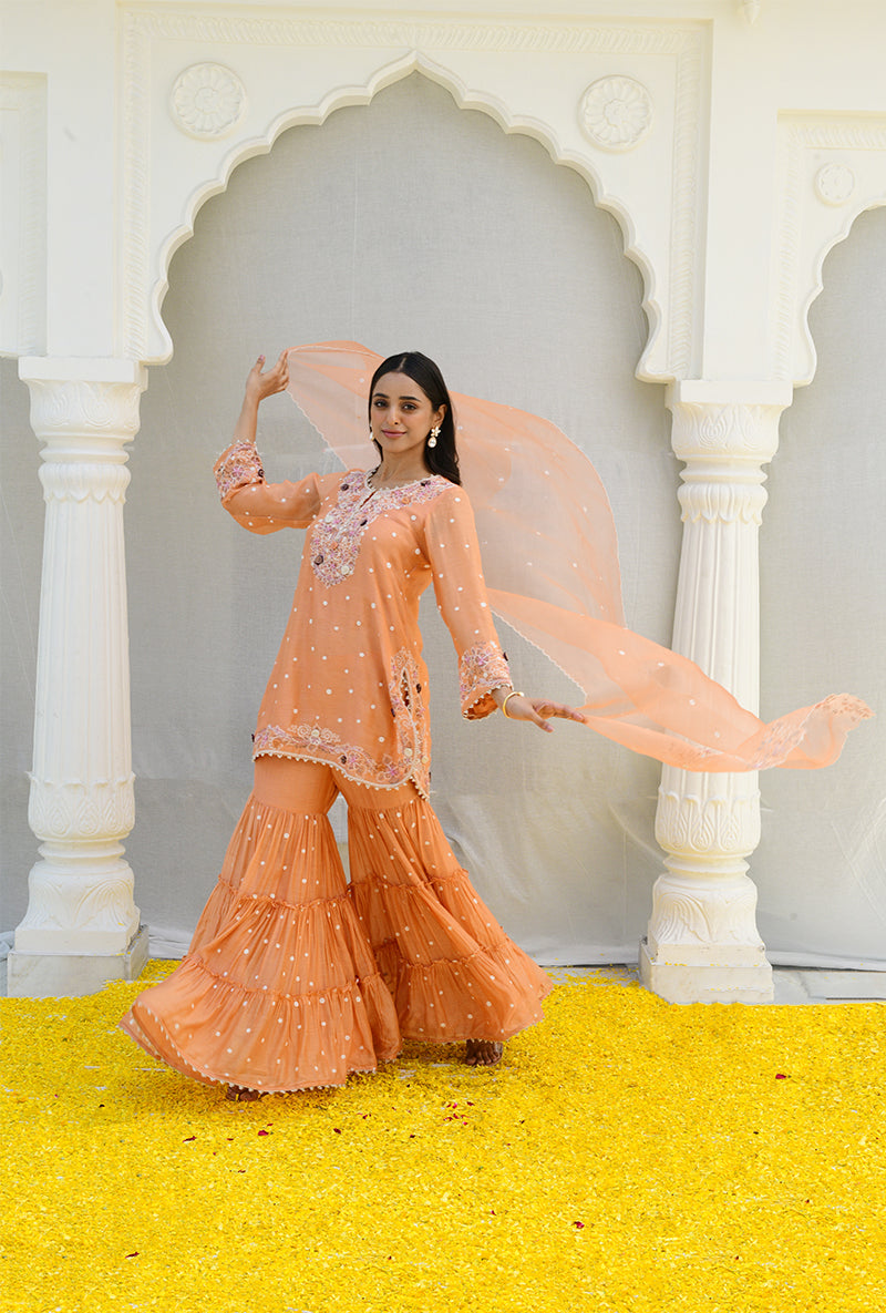 Peach Dotted Izra Gharara Set