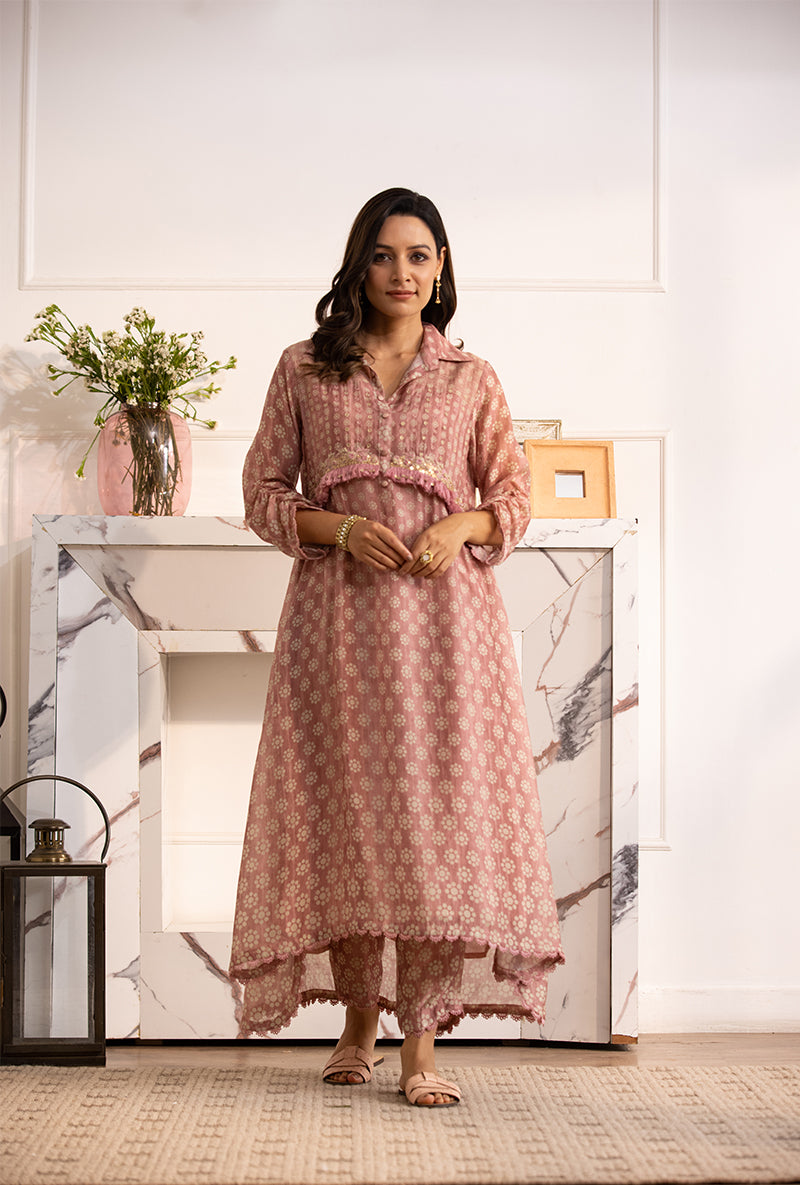 Pink Collar Cascade Navya Kurta Set