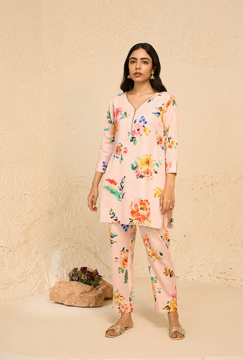 Pink Floral Print Bliss Short Kurta Set