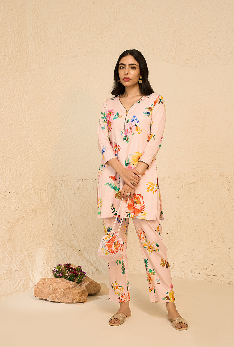 Pink Floral Print Bliss Short Kurta Set