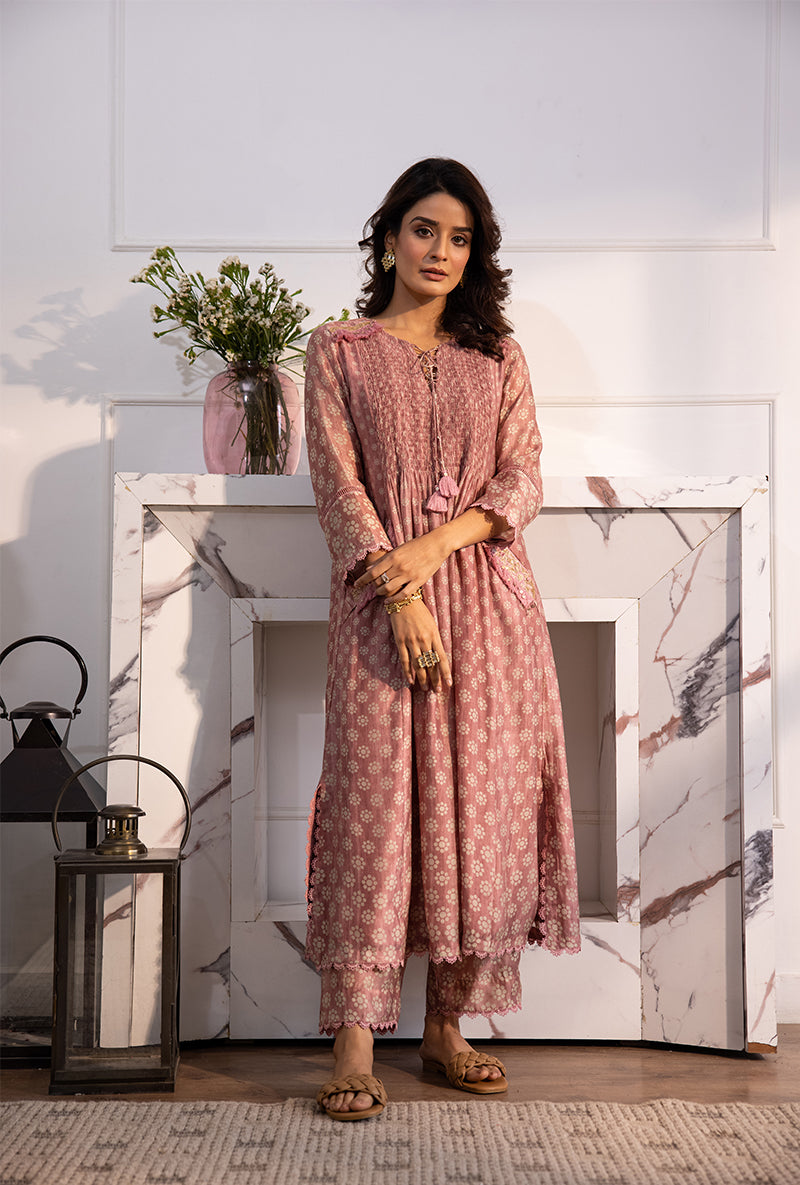 Pink Smoking Cascade Navya Kurta Set