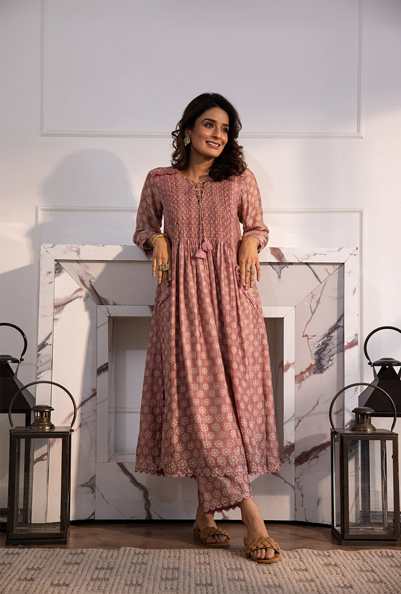 Pink Smoking Cascade Navya Kurta Set