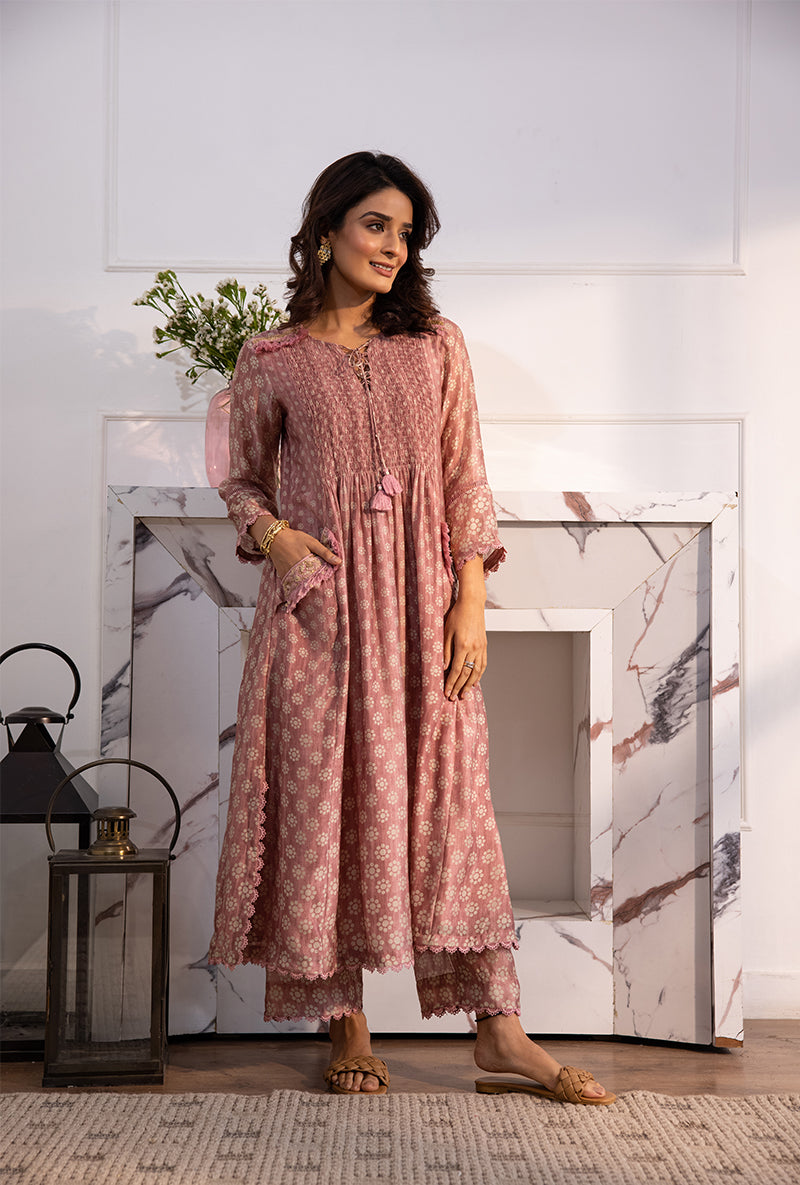 Pink Smoking Cascade Navya Kurta Set