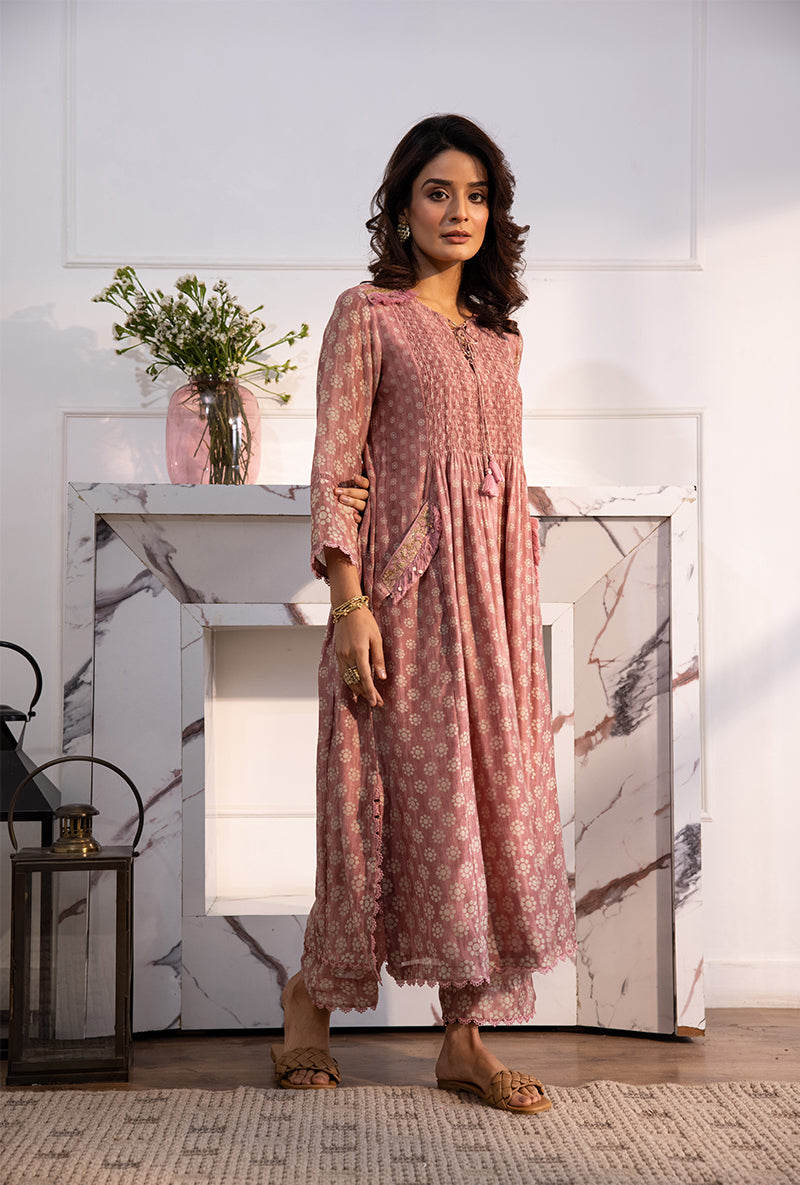Pink Smoking Cascade Navya Kurta Set