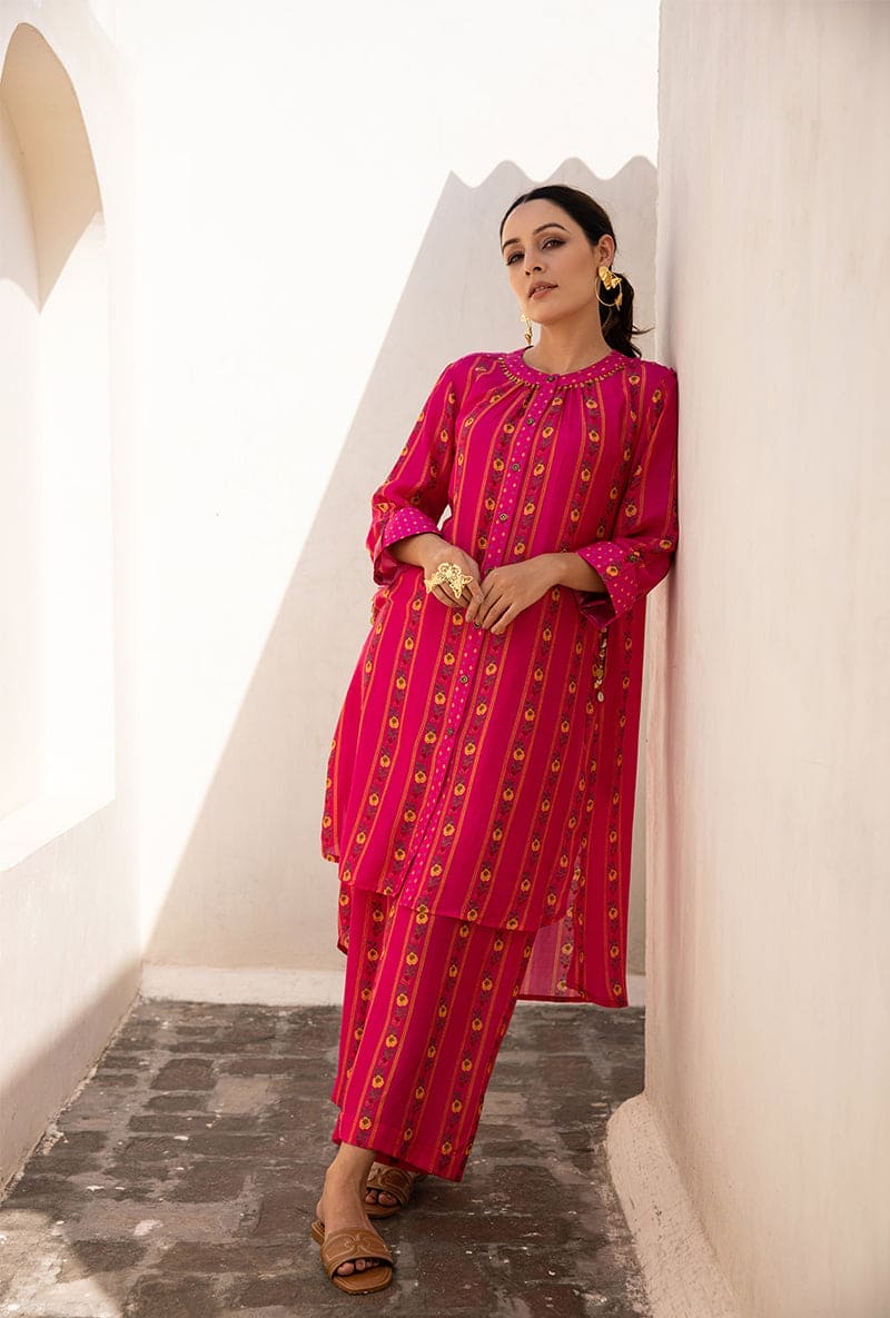 Pink Stripe Print Long Sufia Co-ord Set