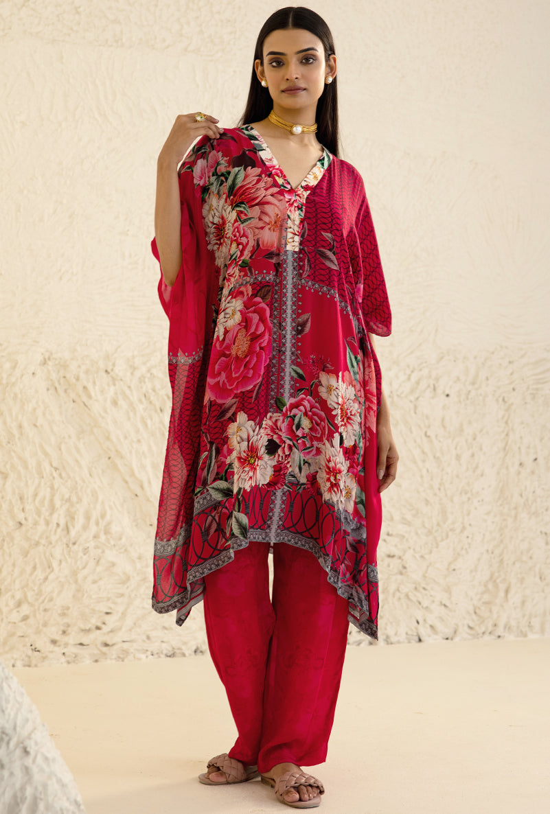 Red Camila V Neck Kaftan Set