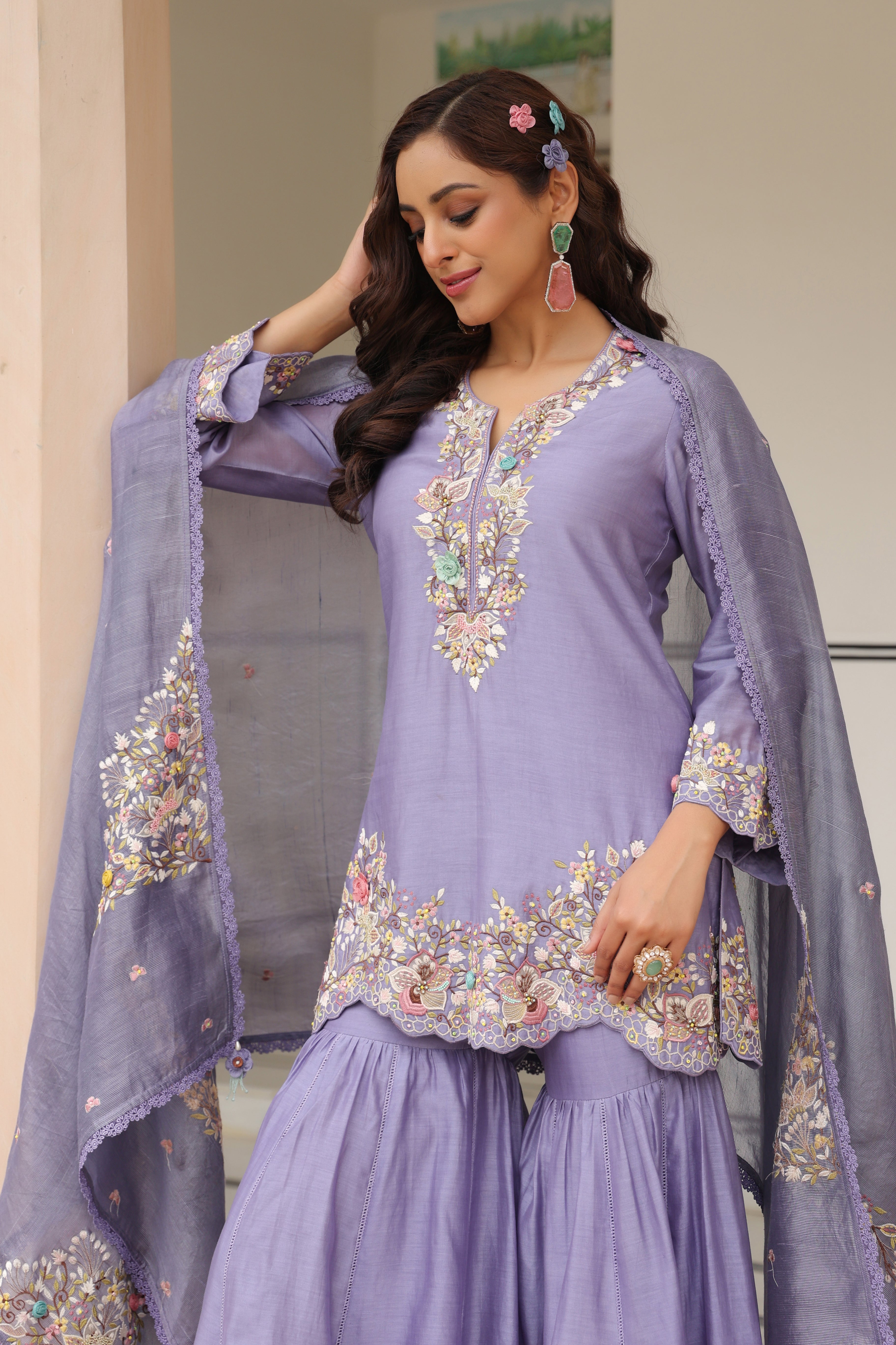 Lilac Scallop Hem Reet Gharara Set