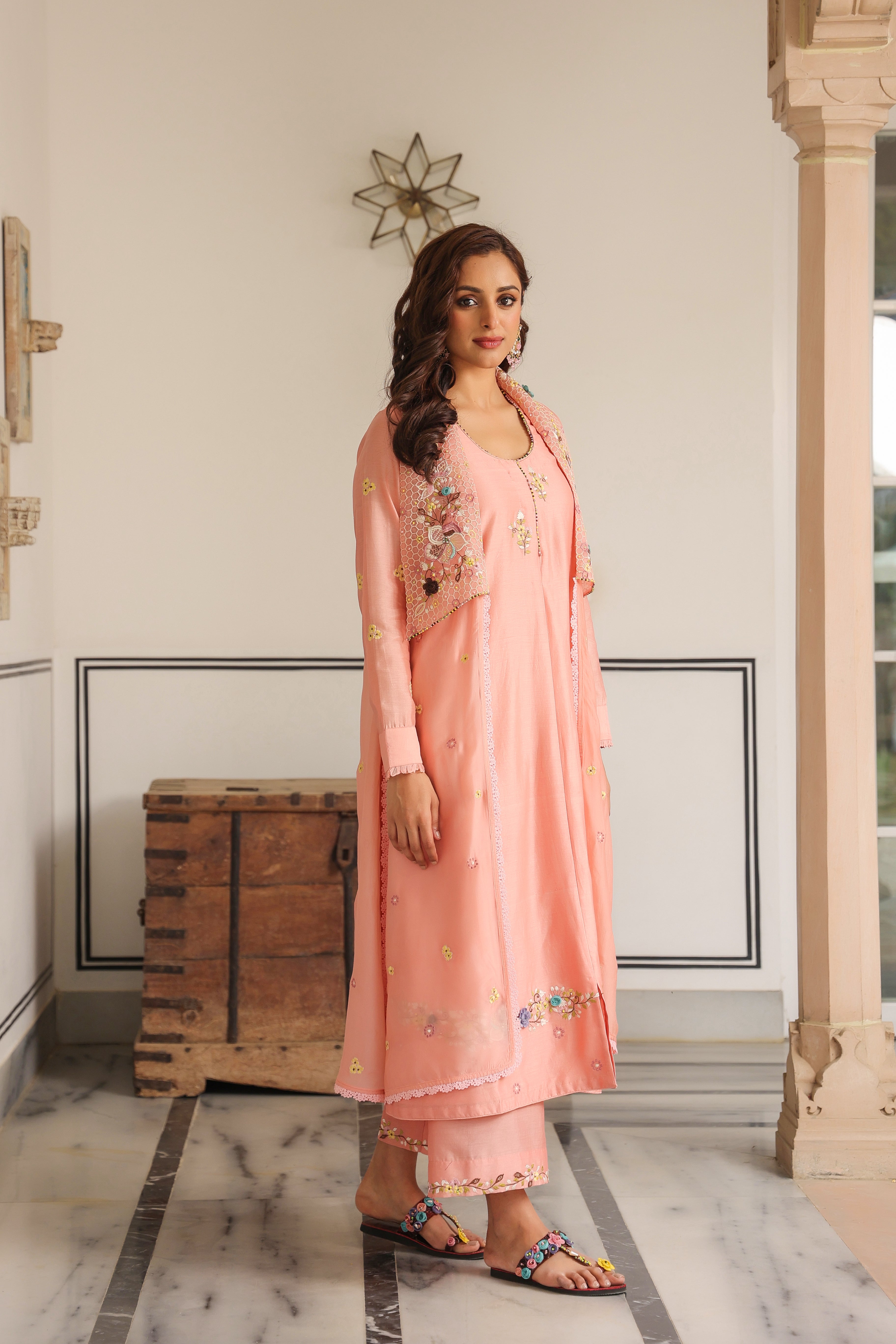 Peach Jacket Style Reet Kurta Set