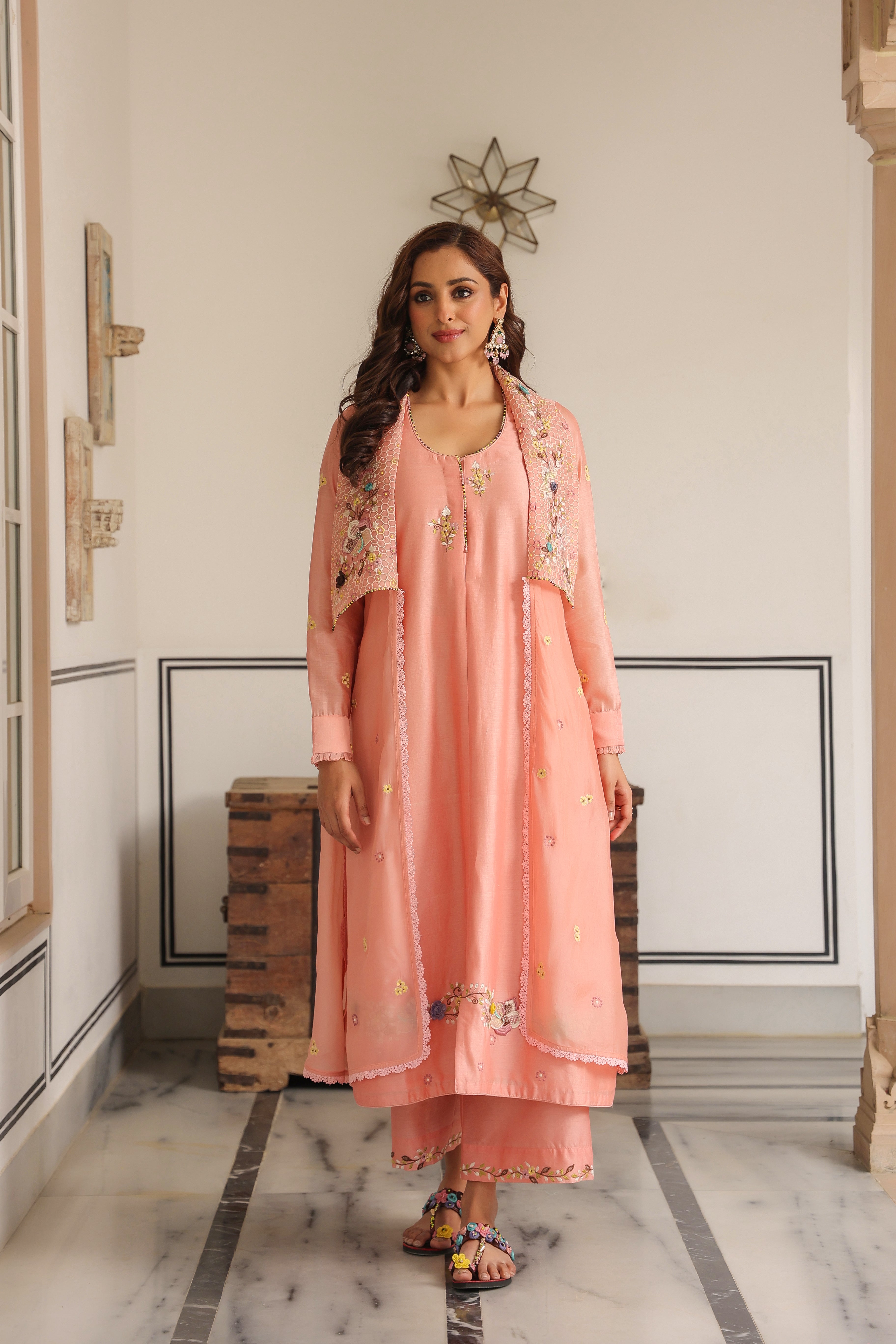 Peach Jacket Style Reet Kurta Set