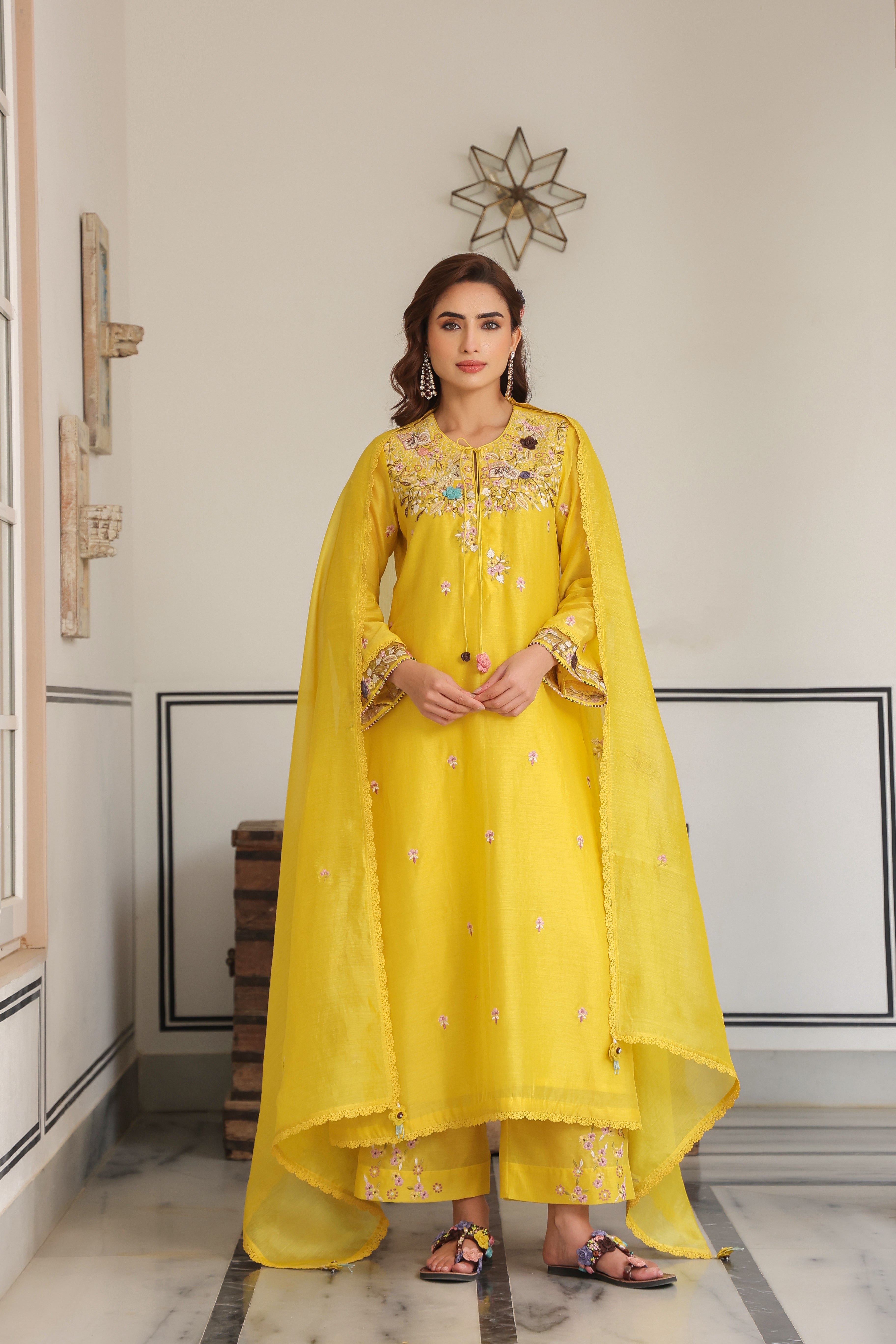 Yellow Choker Neck Reet Kurta Set