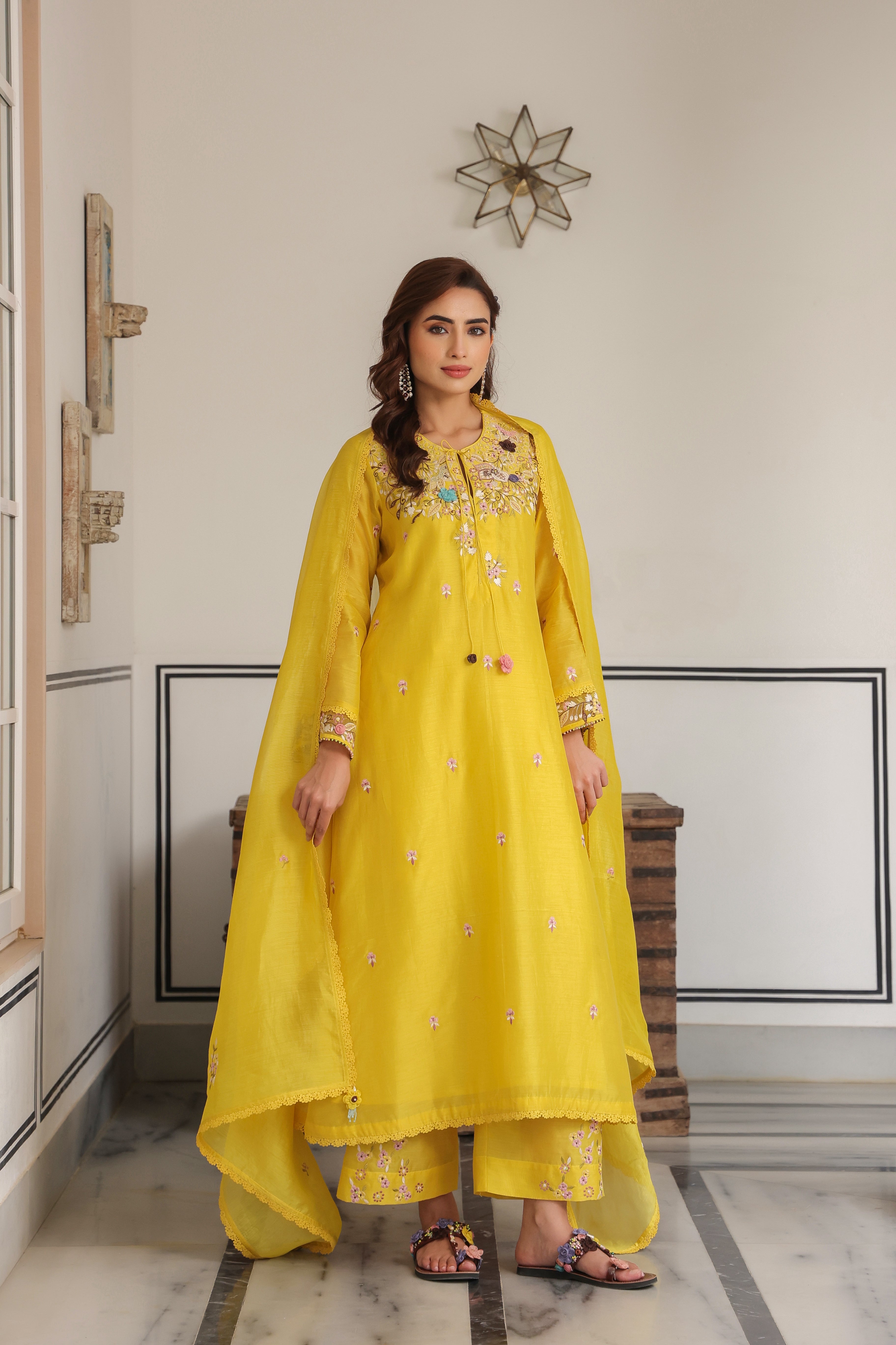 Yellow Choker Neck Reet Kurta Set