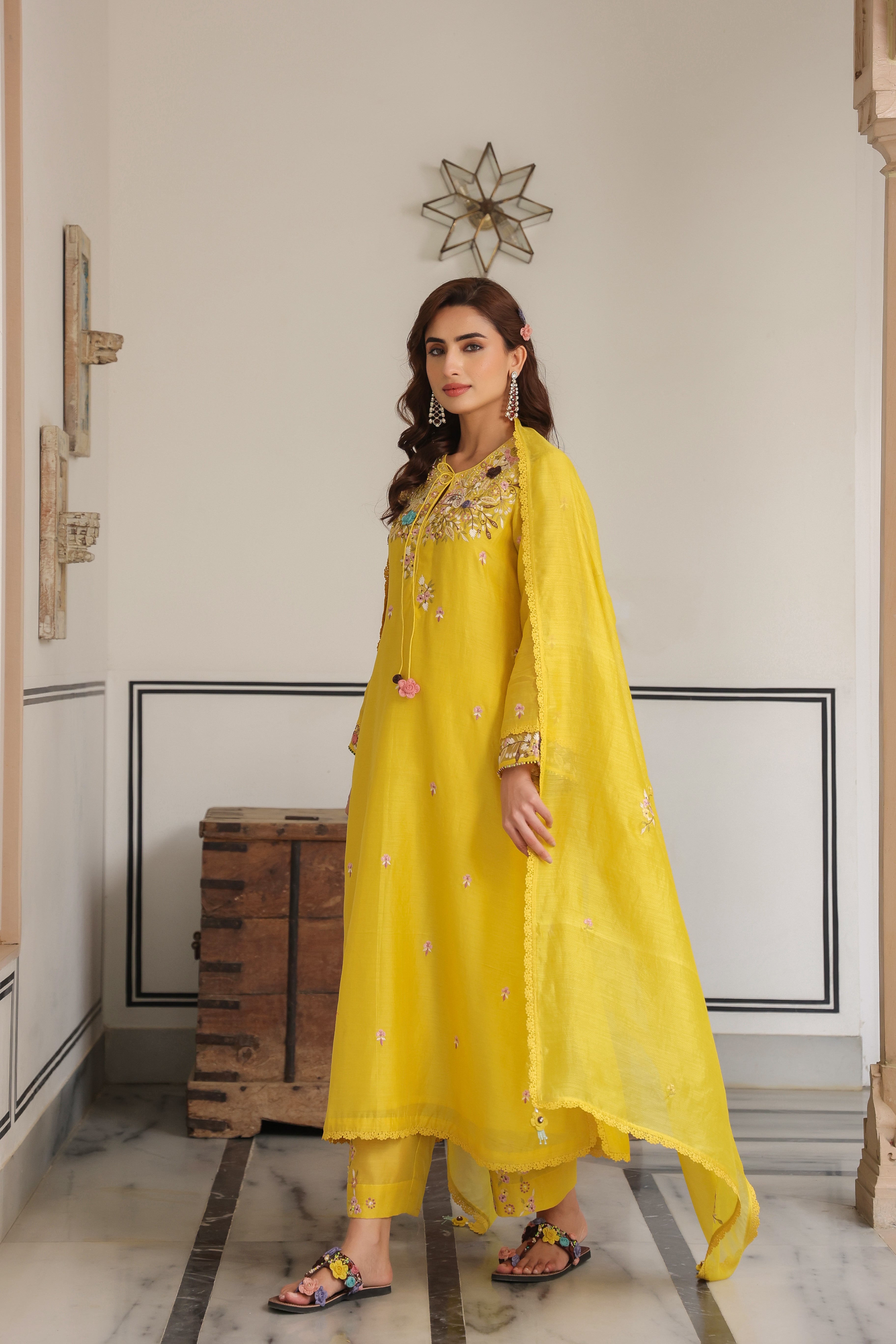 Yellow Choker Neck Reet Kurta Set
