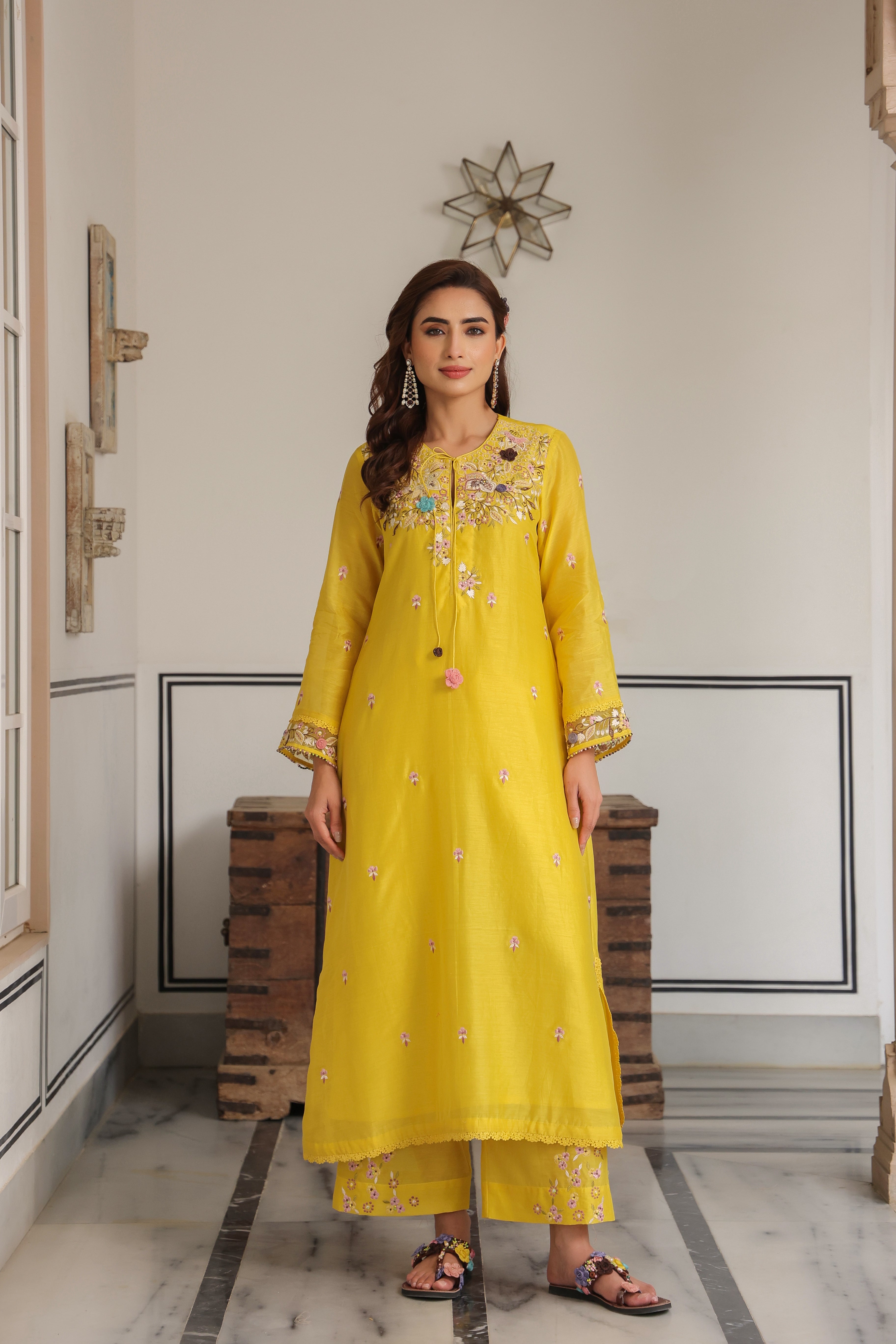Yellow Choker Neck Reet Kurta Set