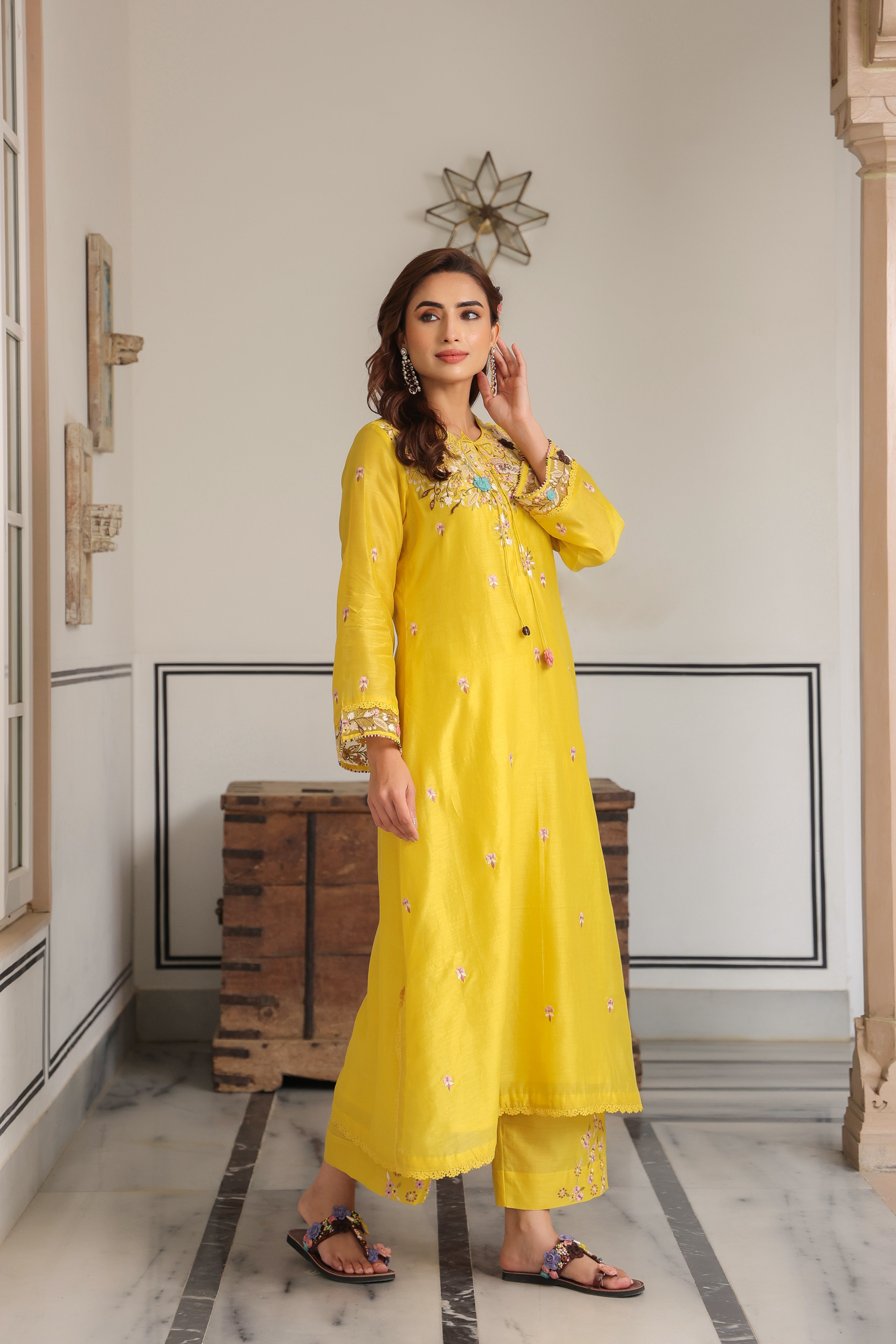Yellow Choker Neck Reet Kurta Set