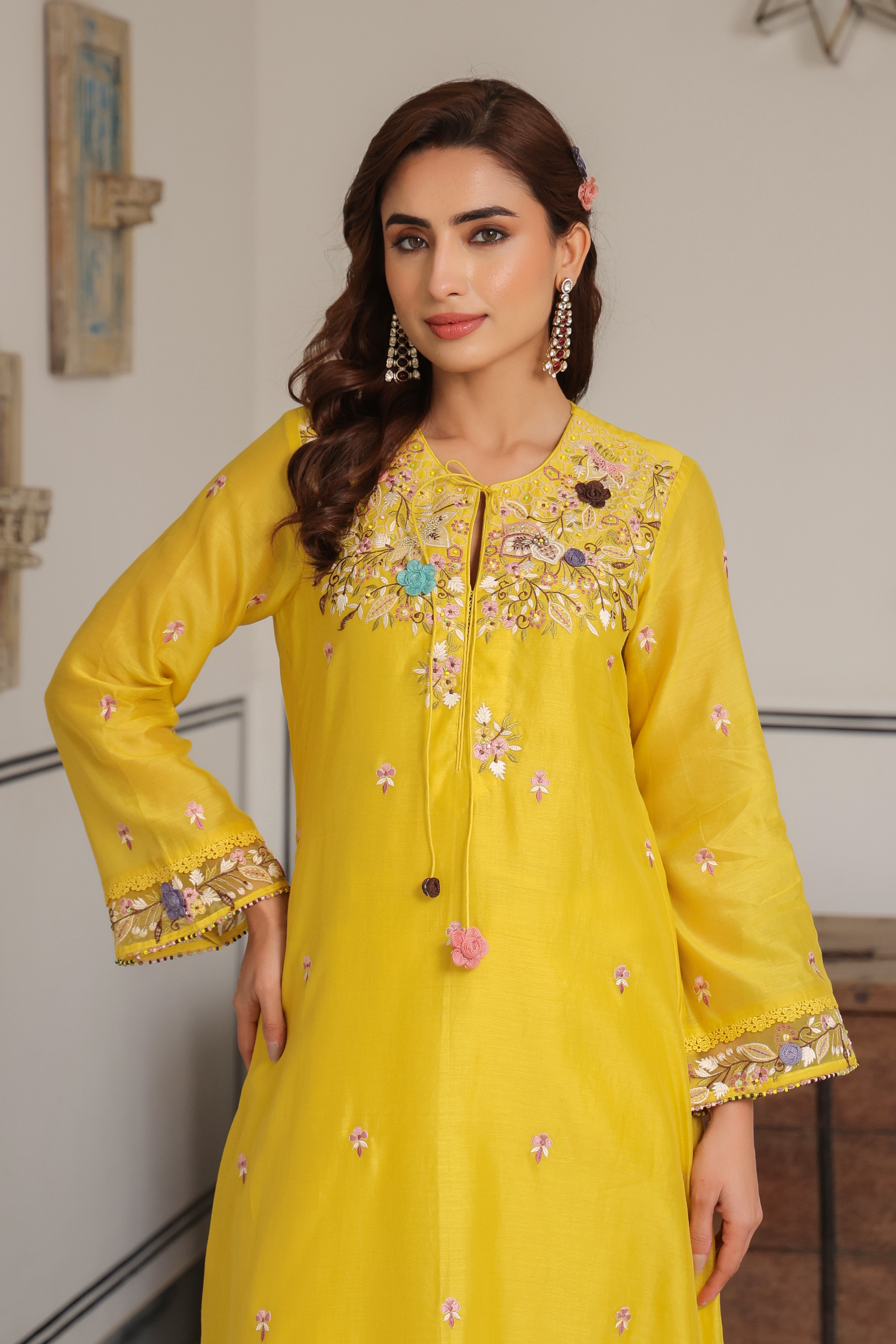 Yellow Choker Neck Reet Kurta Set