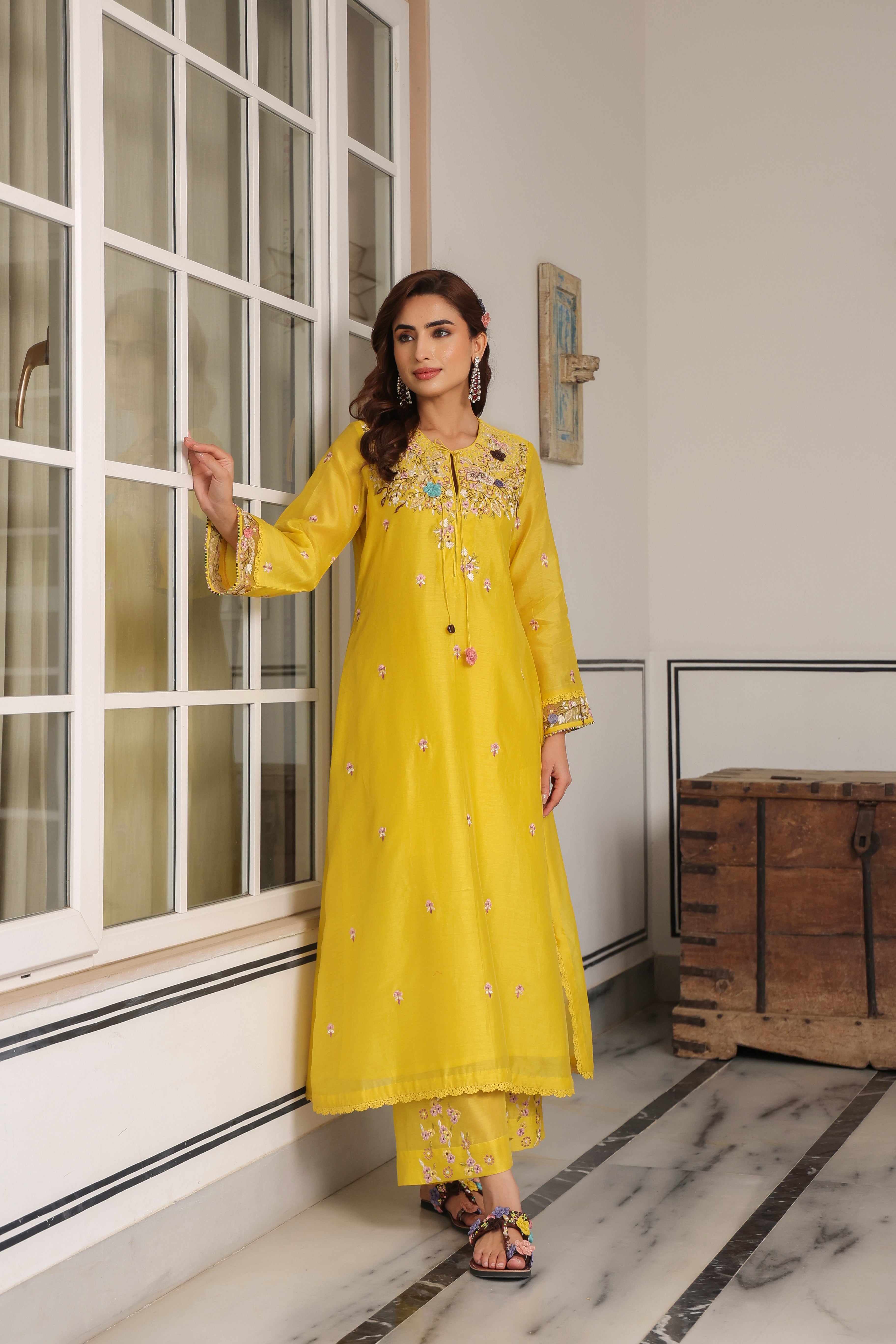 Yellow Choker Neck Reet Kurta Set