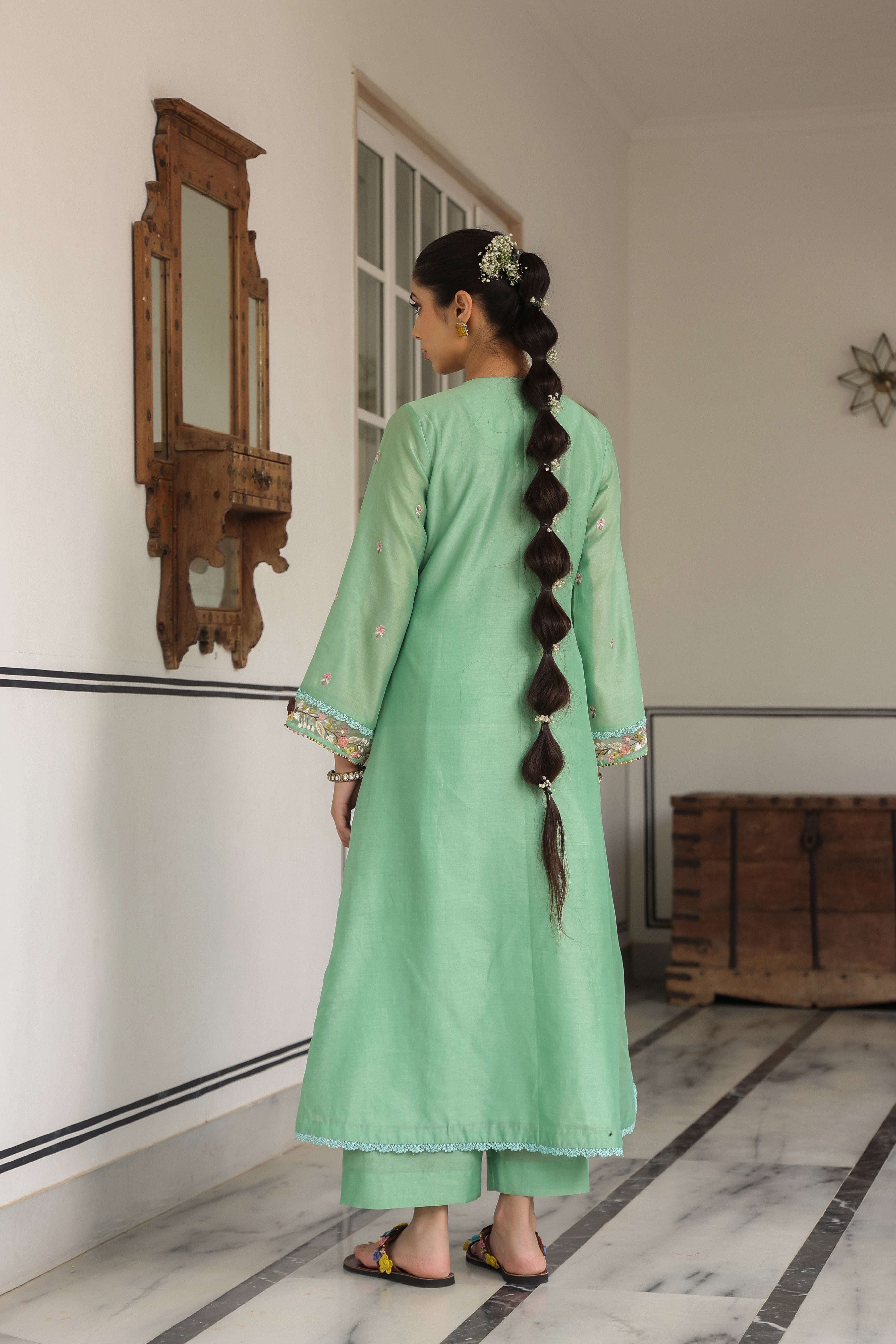 Green Choker Neck Reet Kurta Set
