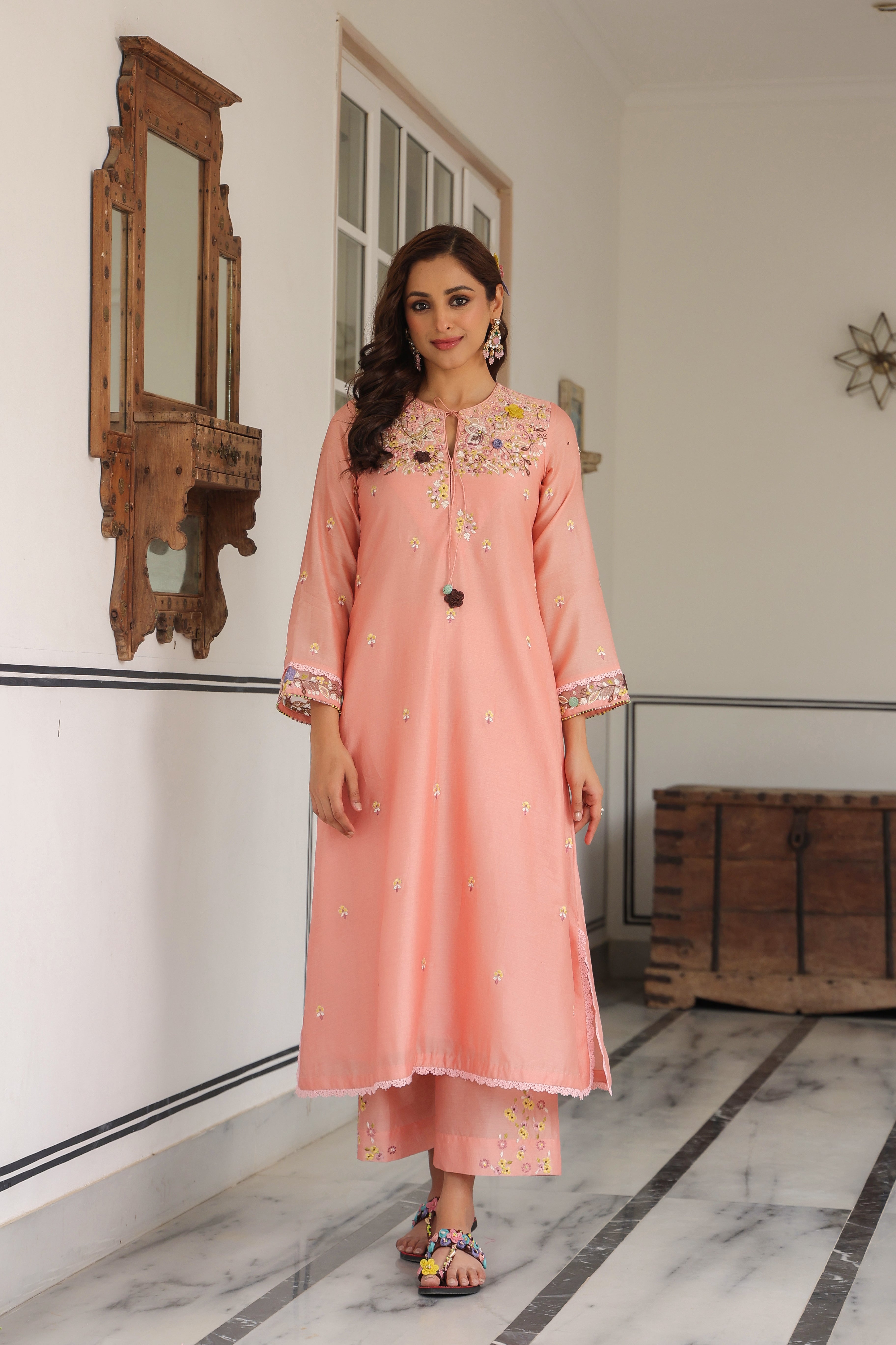 Peach Choker Neck Reet Kurta Set