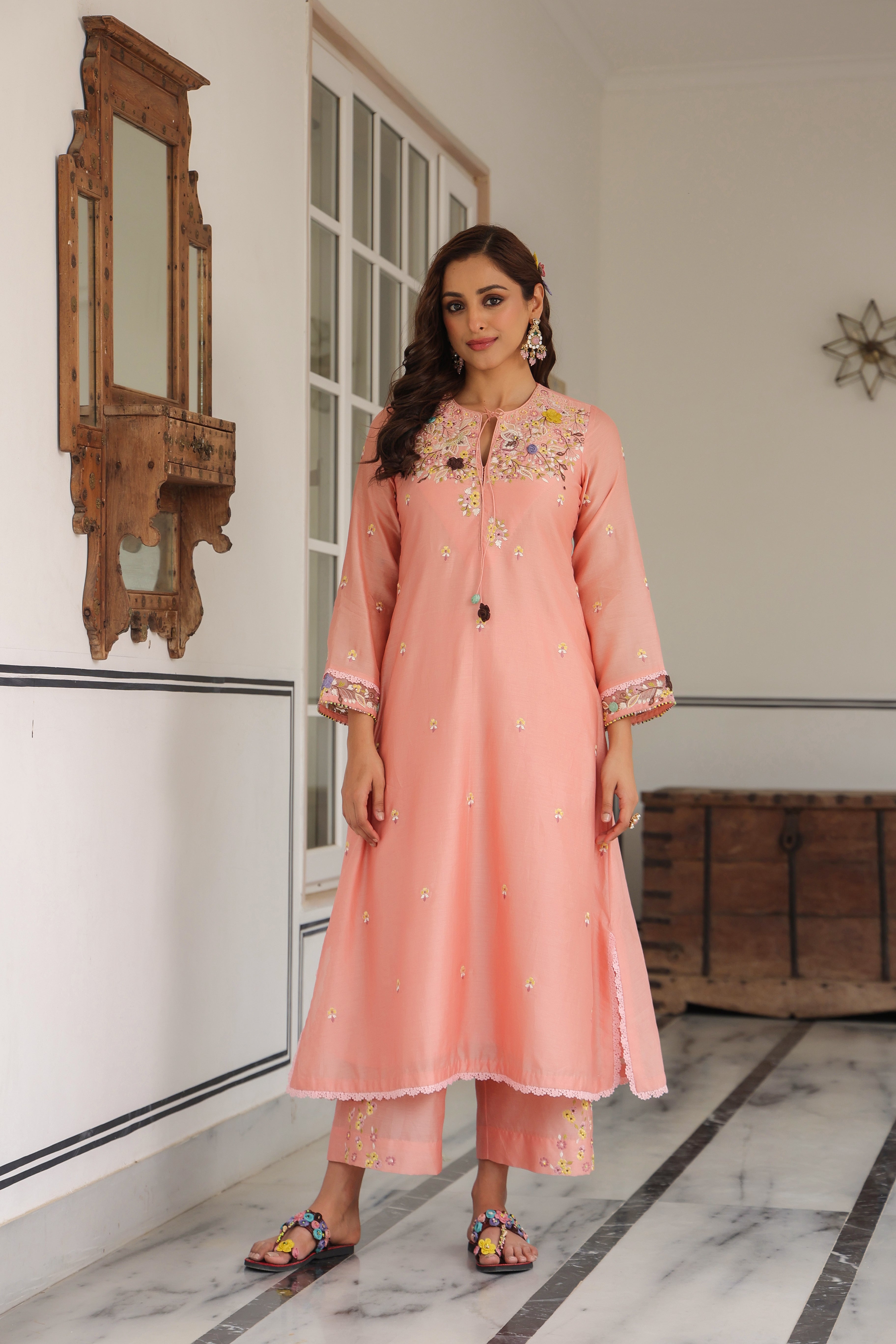 Peach Choker Neck Reet Kurta Set