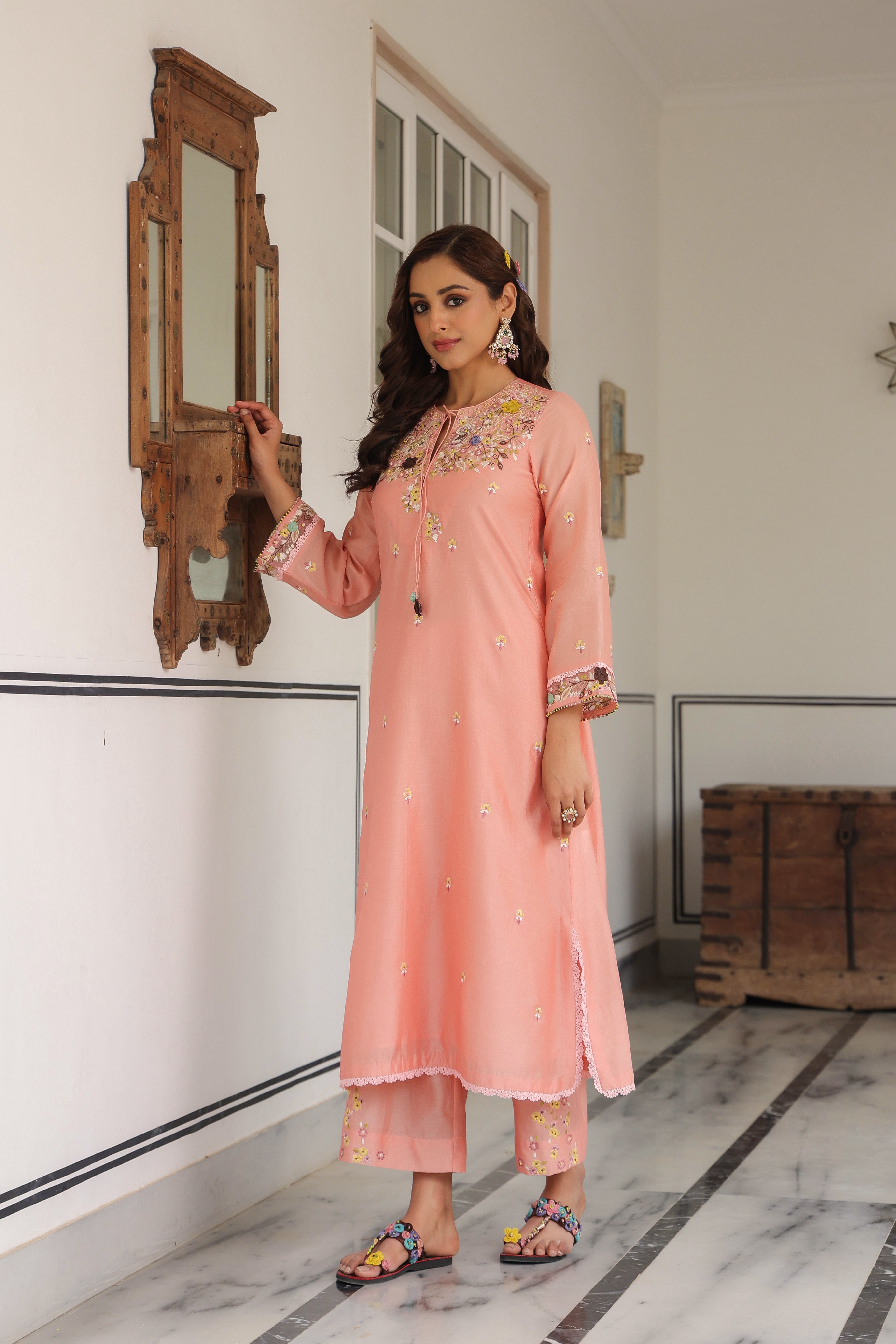 Peach Choker Neck Reet Kurta Set