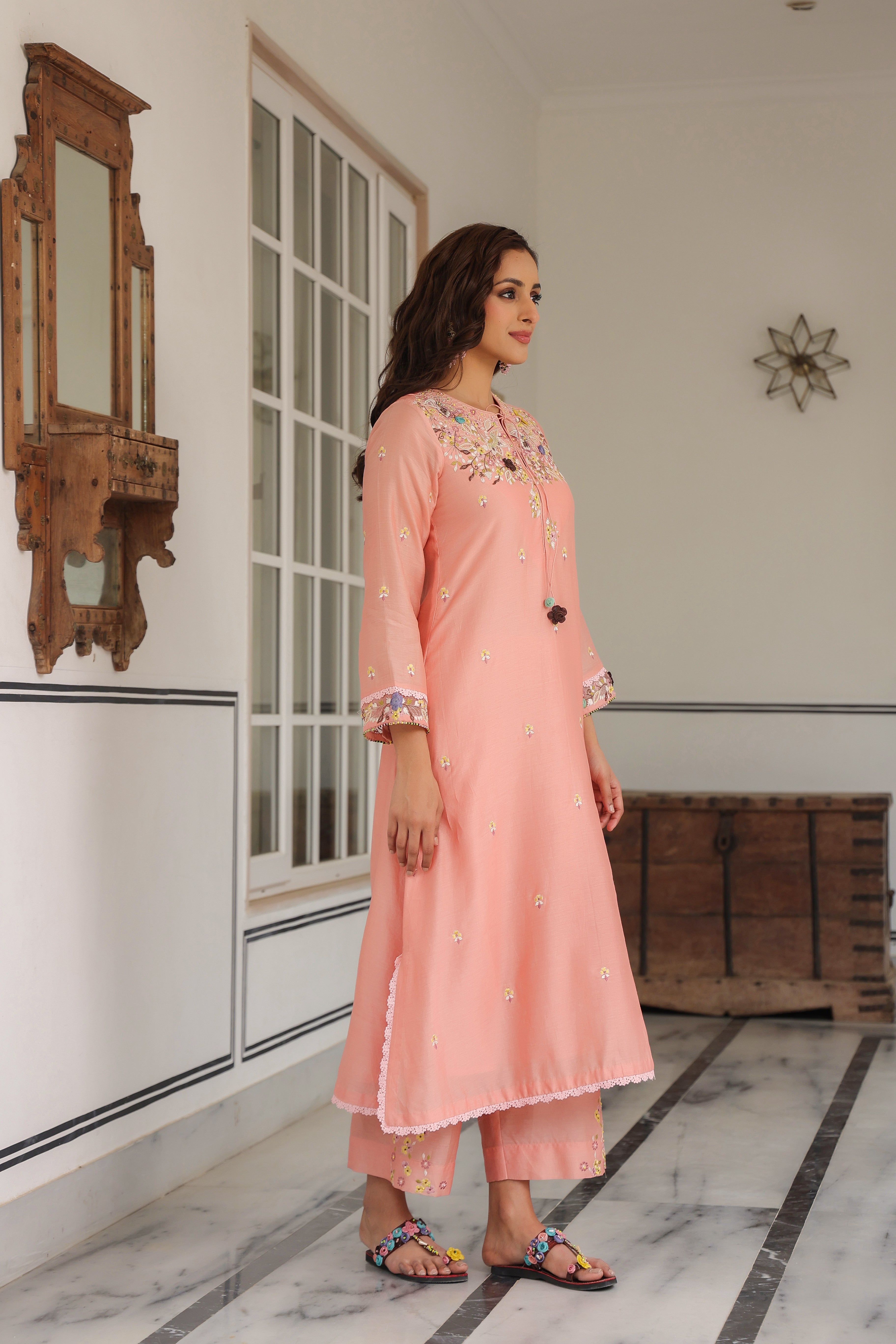 Peach Choker Neck Reet Kurta Set