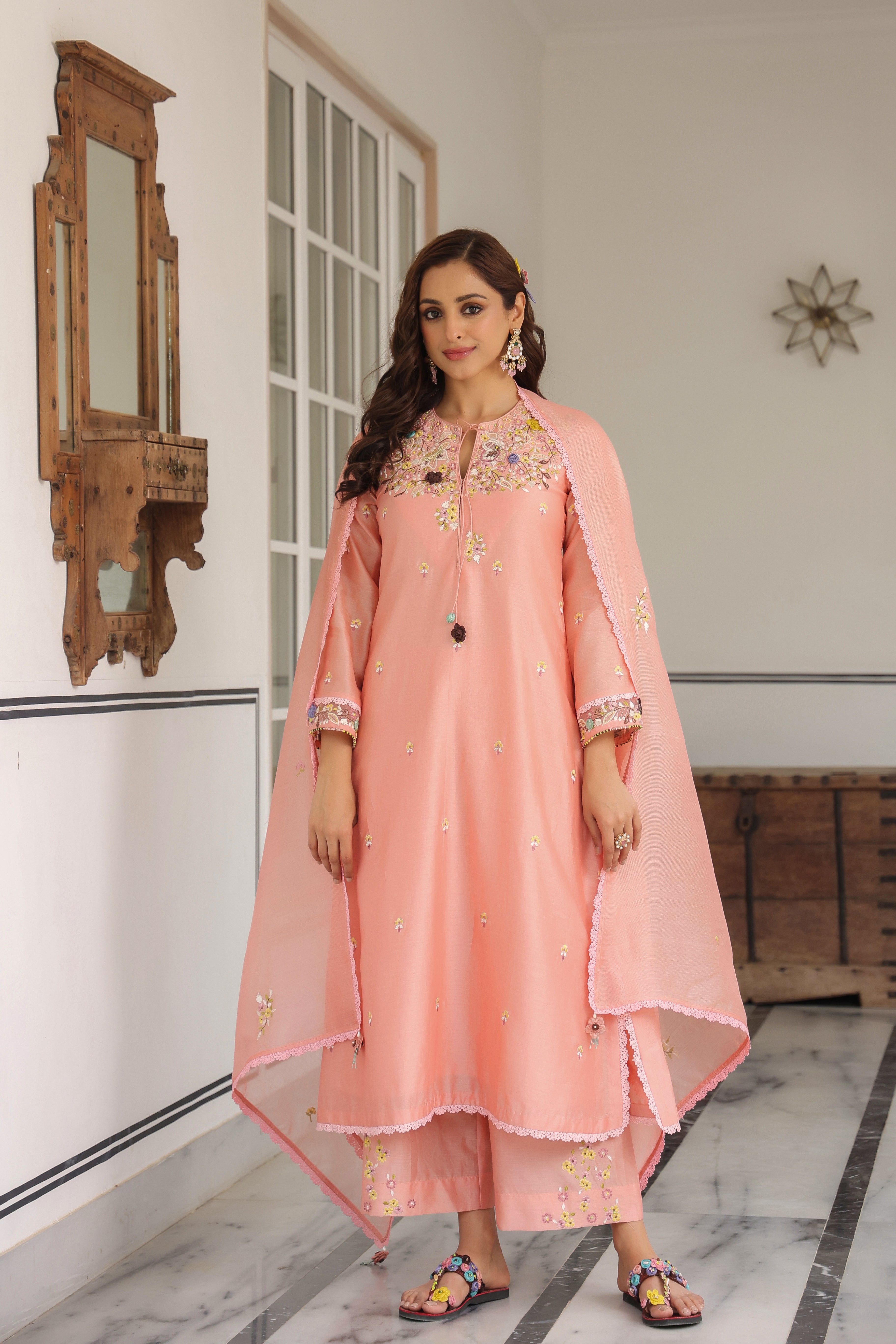 Peach Choker Neck Reet Kurta Set