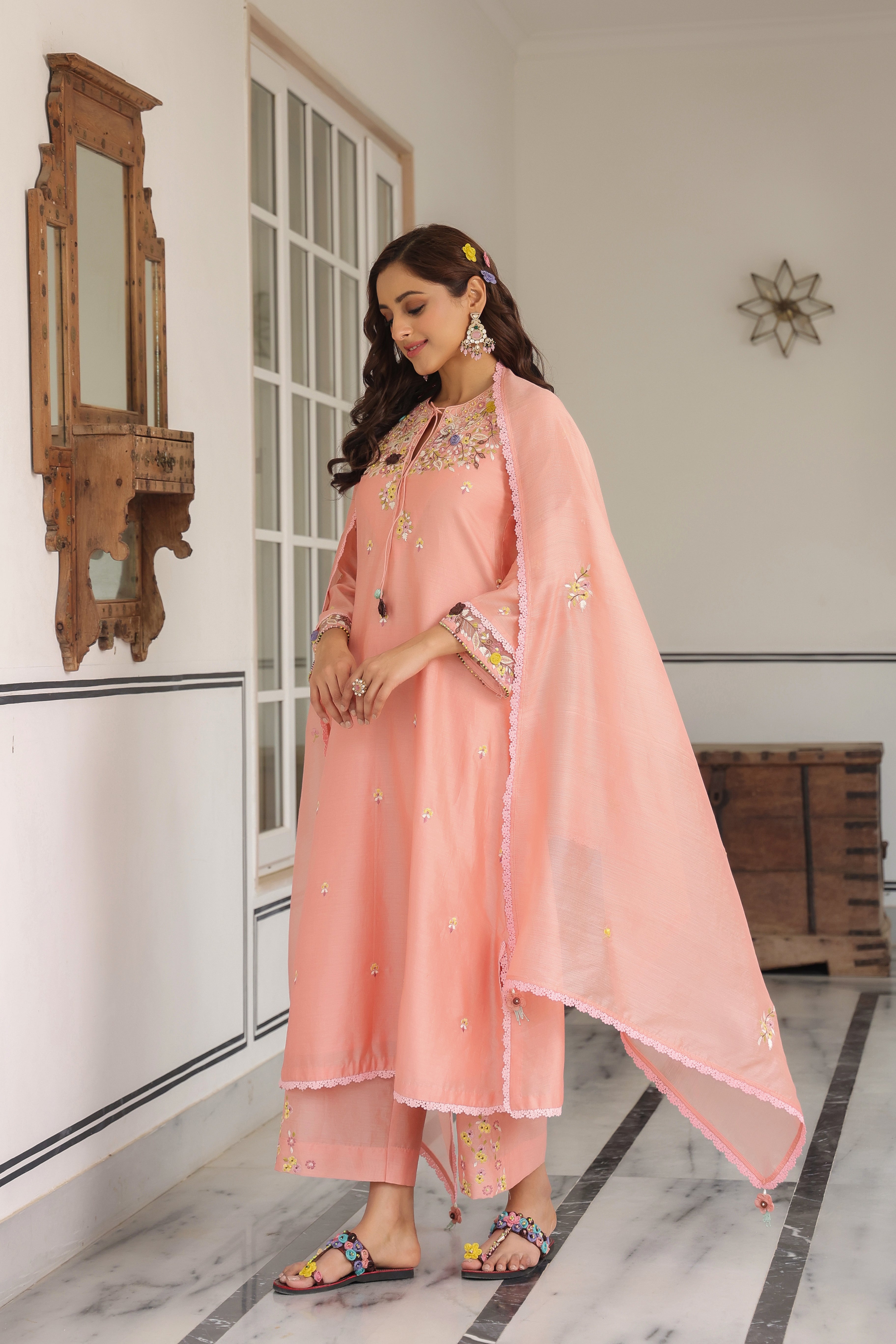 Peach Choker Neck Reet Kurta Set