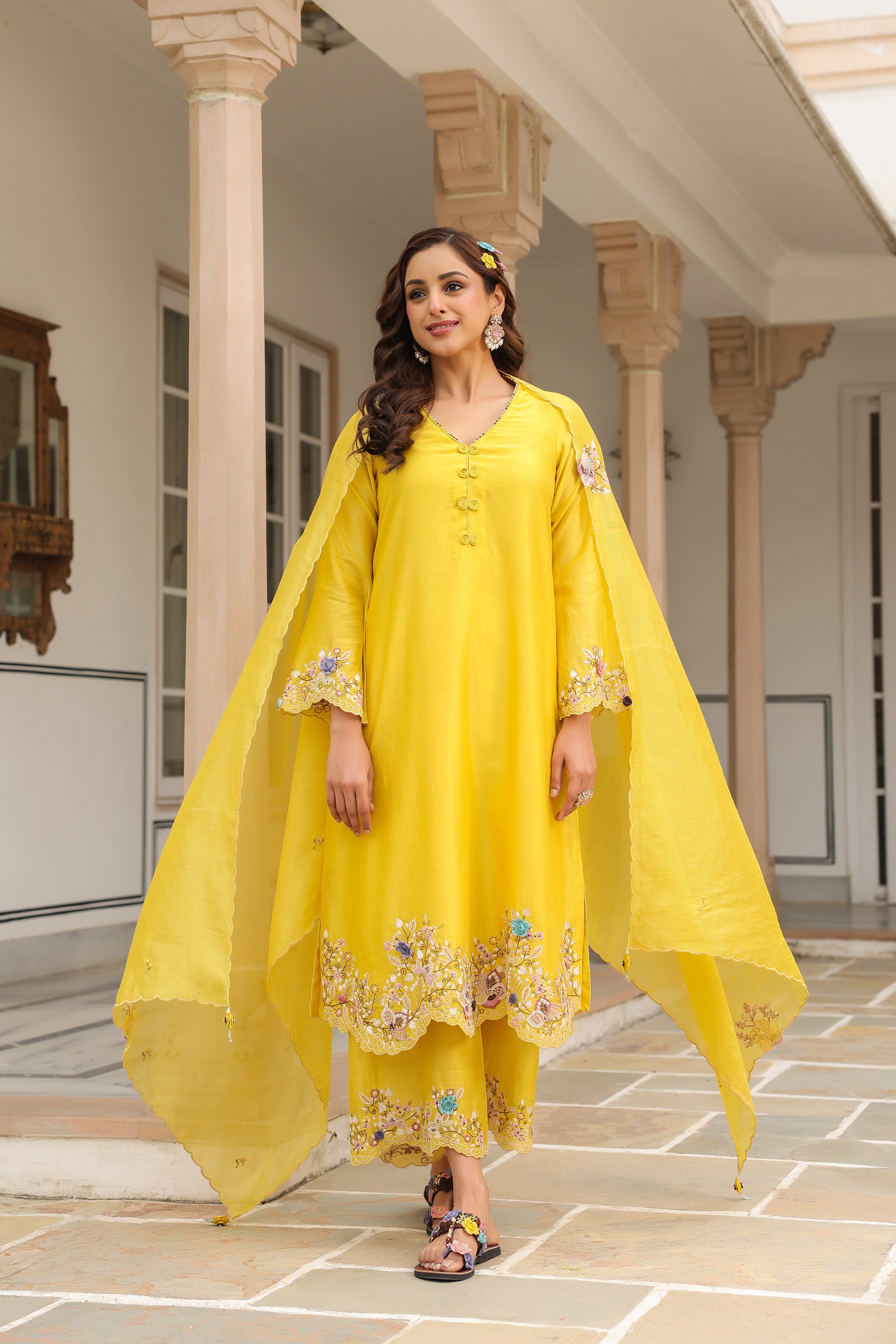Yellow Scallop Reet Kurta Set