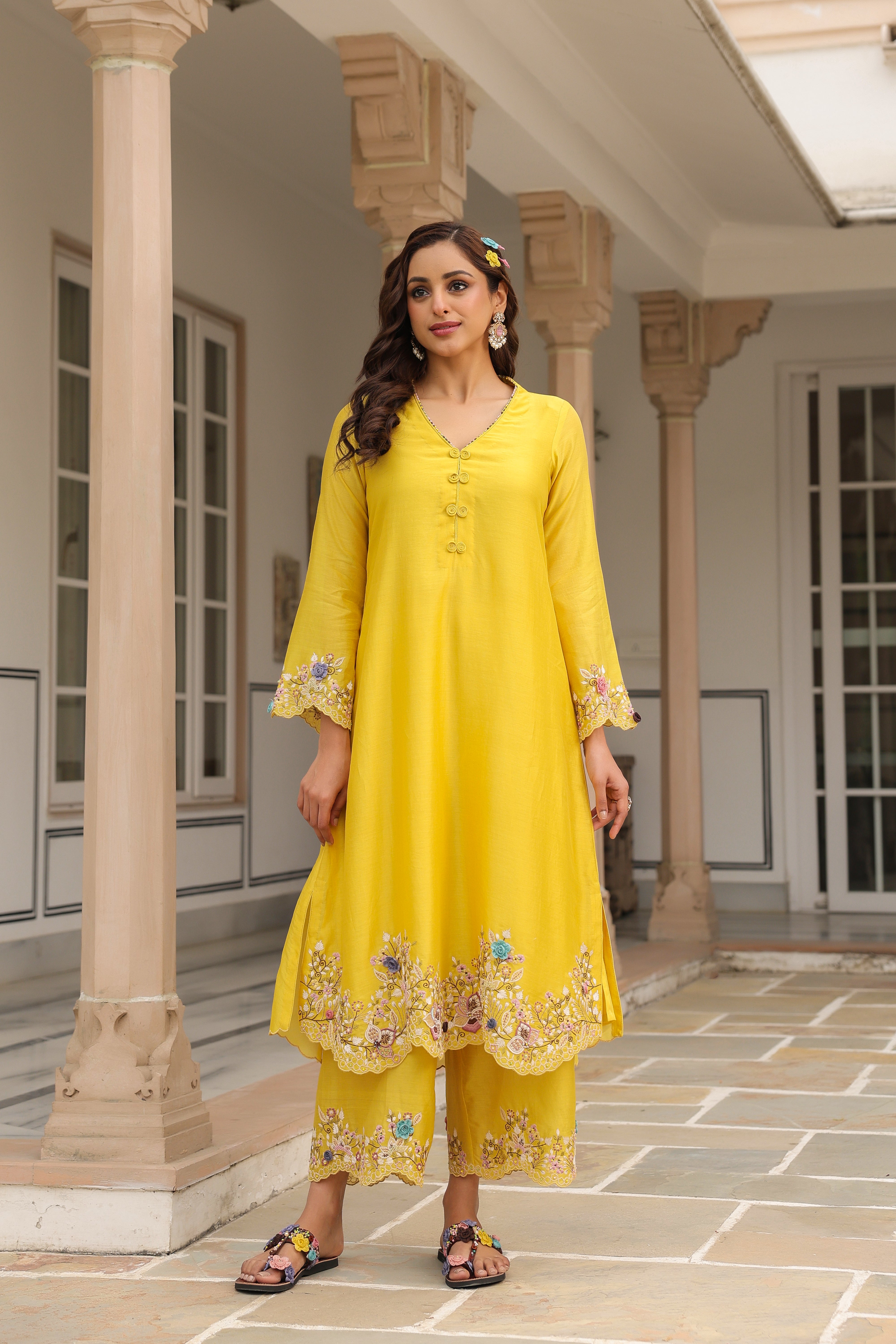 Yellow Scallop Reet Kurta Set