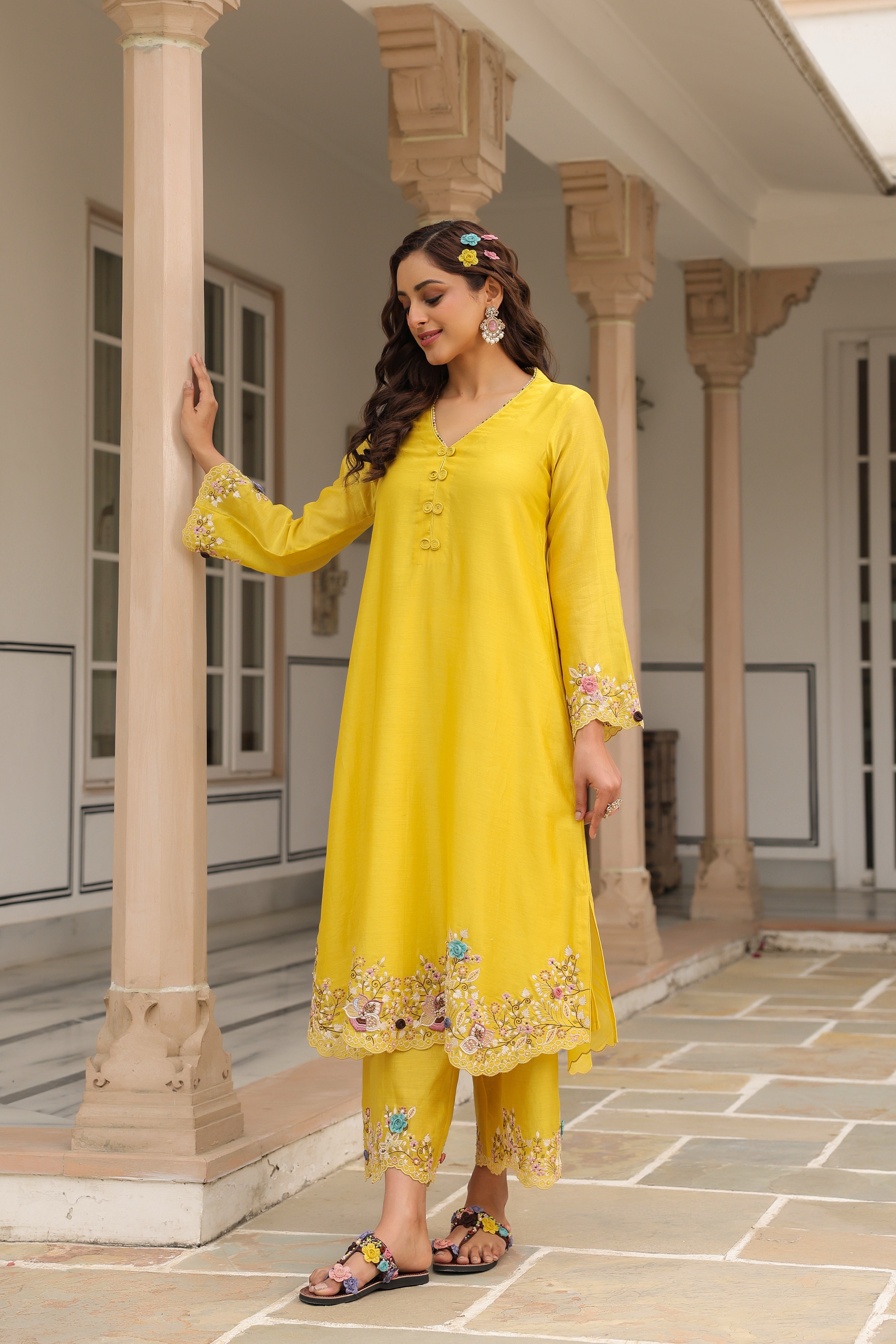 Yellow Scallop Reet Kurta Set