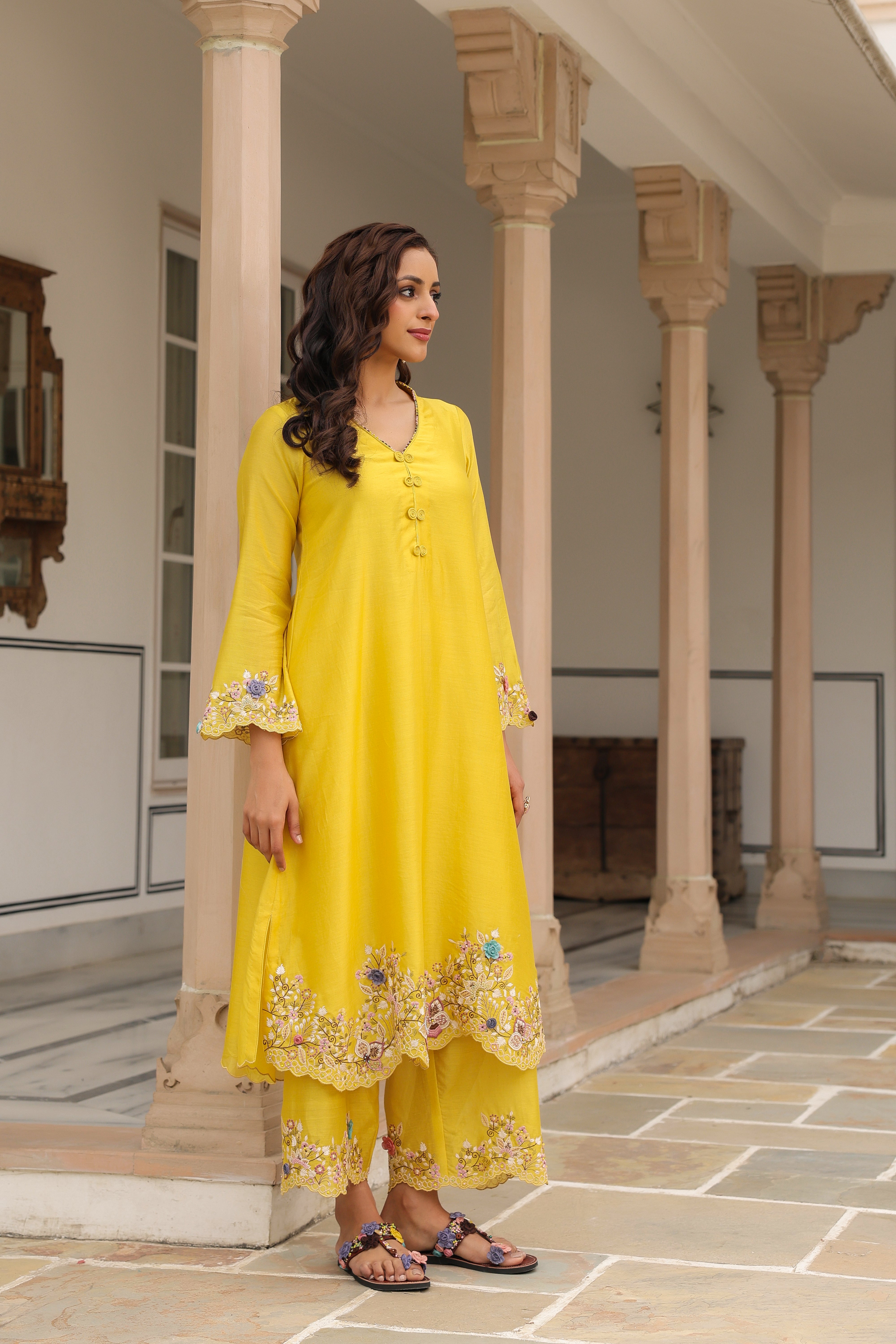 Yellow Scallop Reet Kurta Set