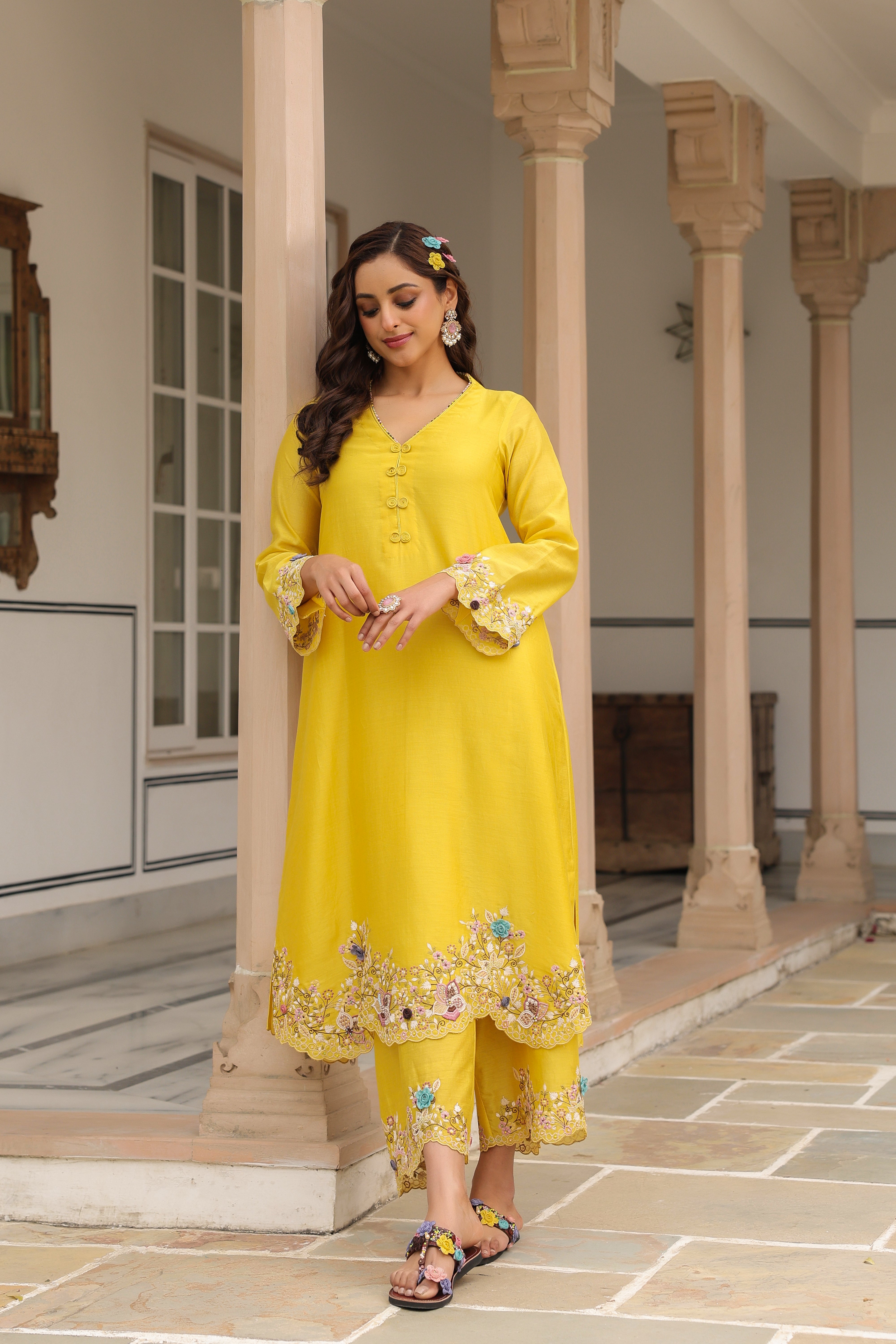 Yellow Scallop Reet Kurta Set