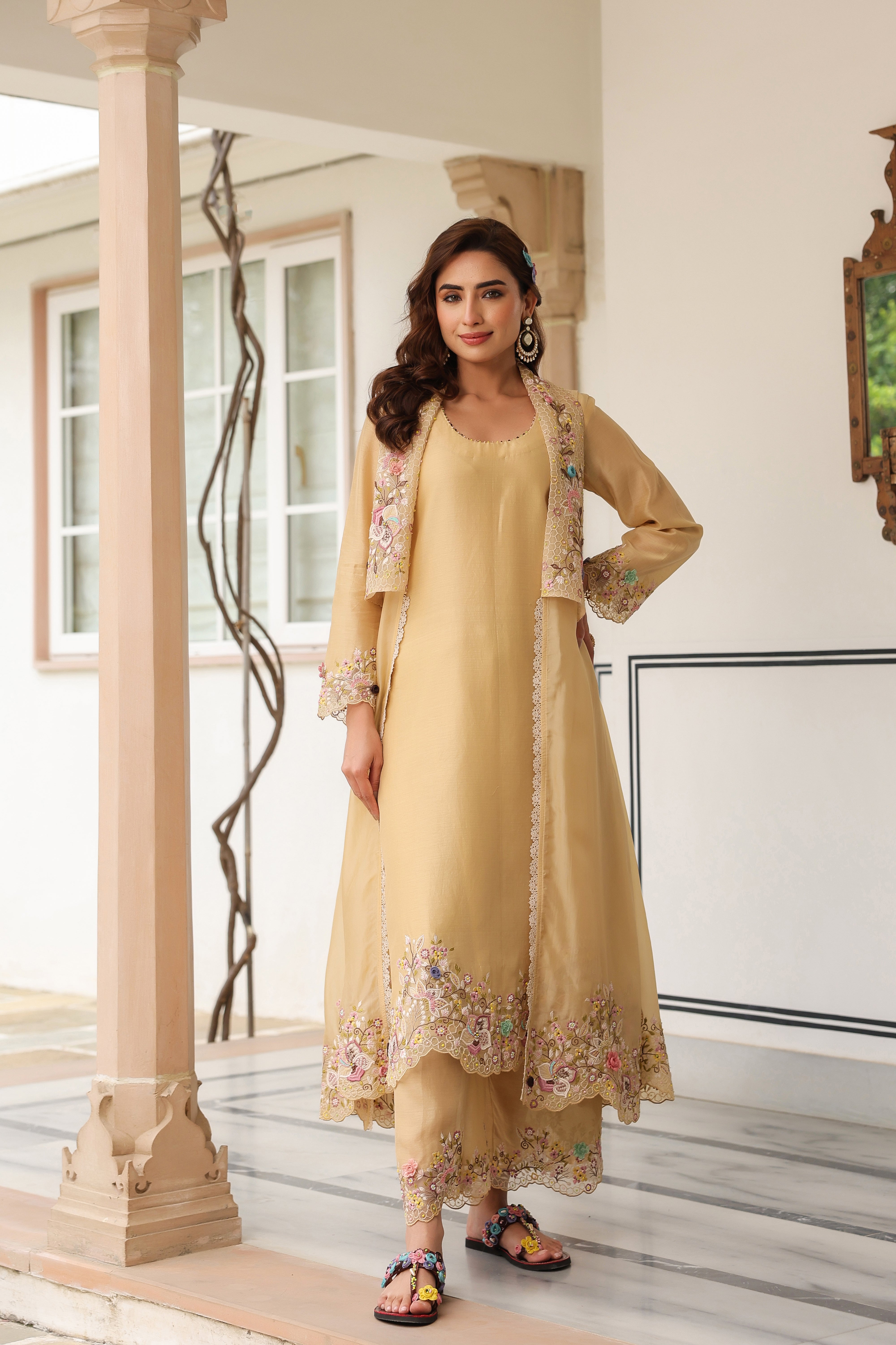 Ivory Heavy Jacket Style Reet Kurta Set