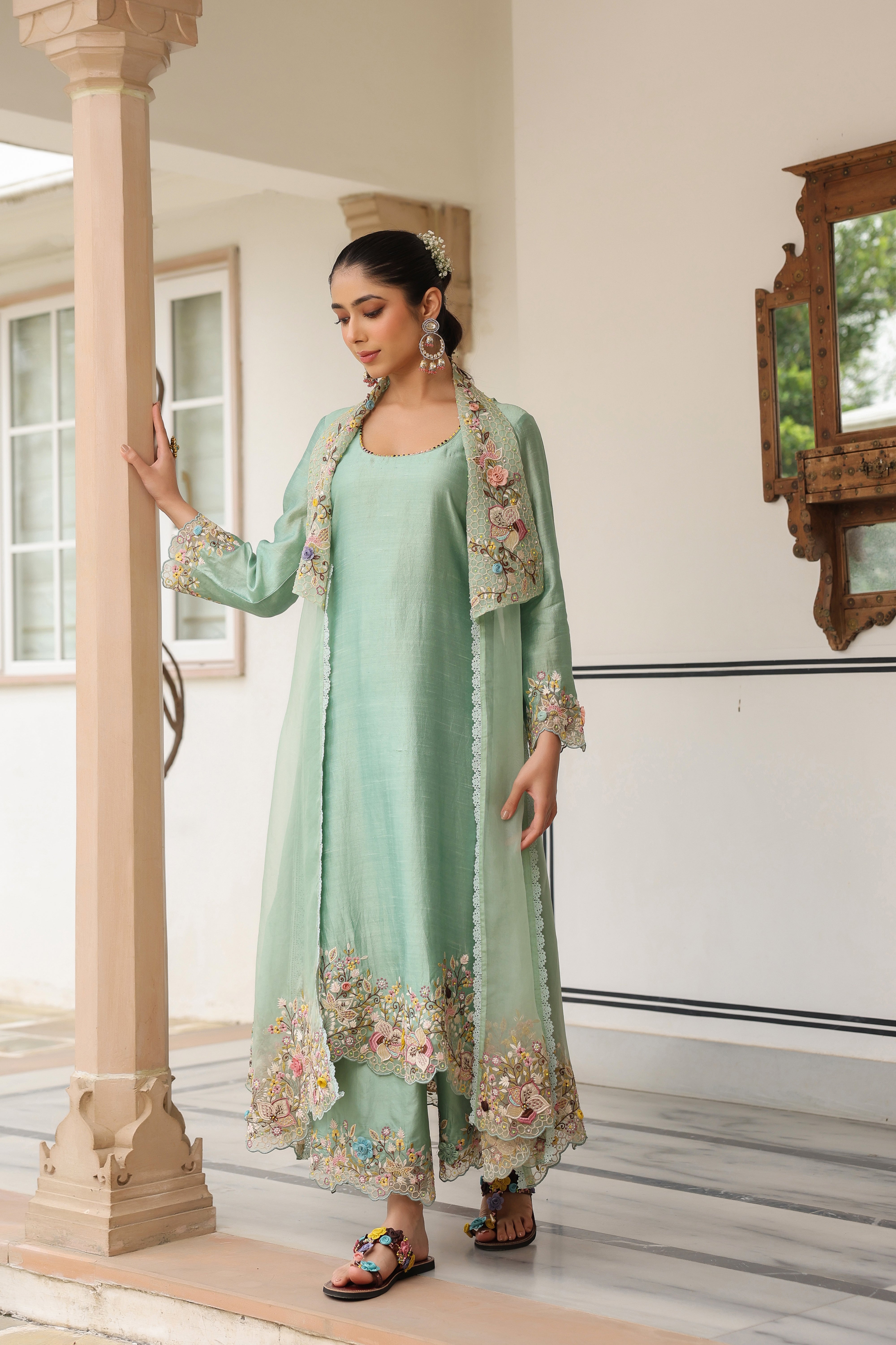 Green Heavy Jacket Style Reet Kurta Set