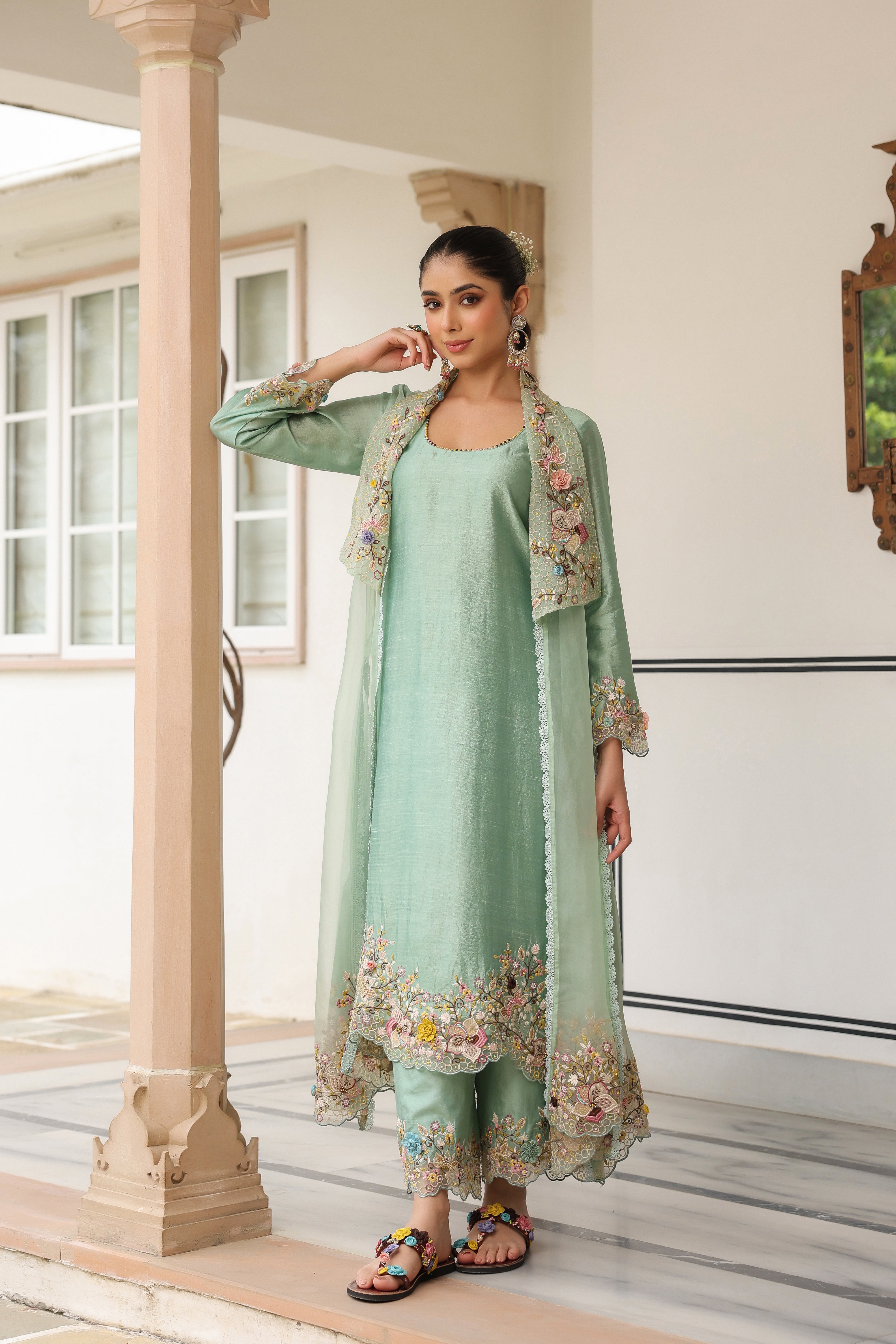 Green Heavy Jacket Style Reet Kurta Set
