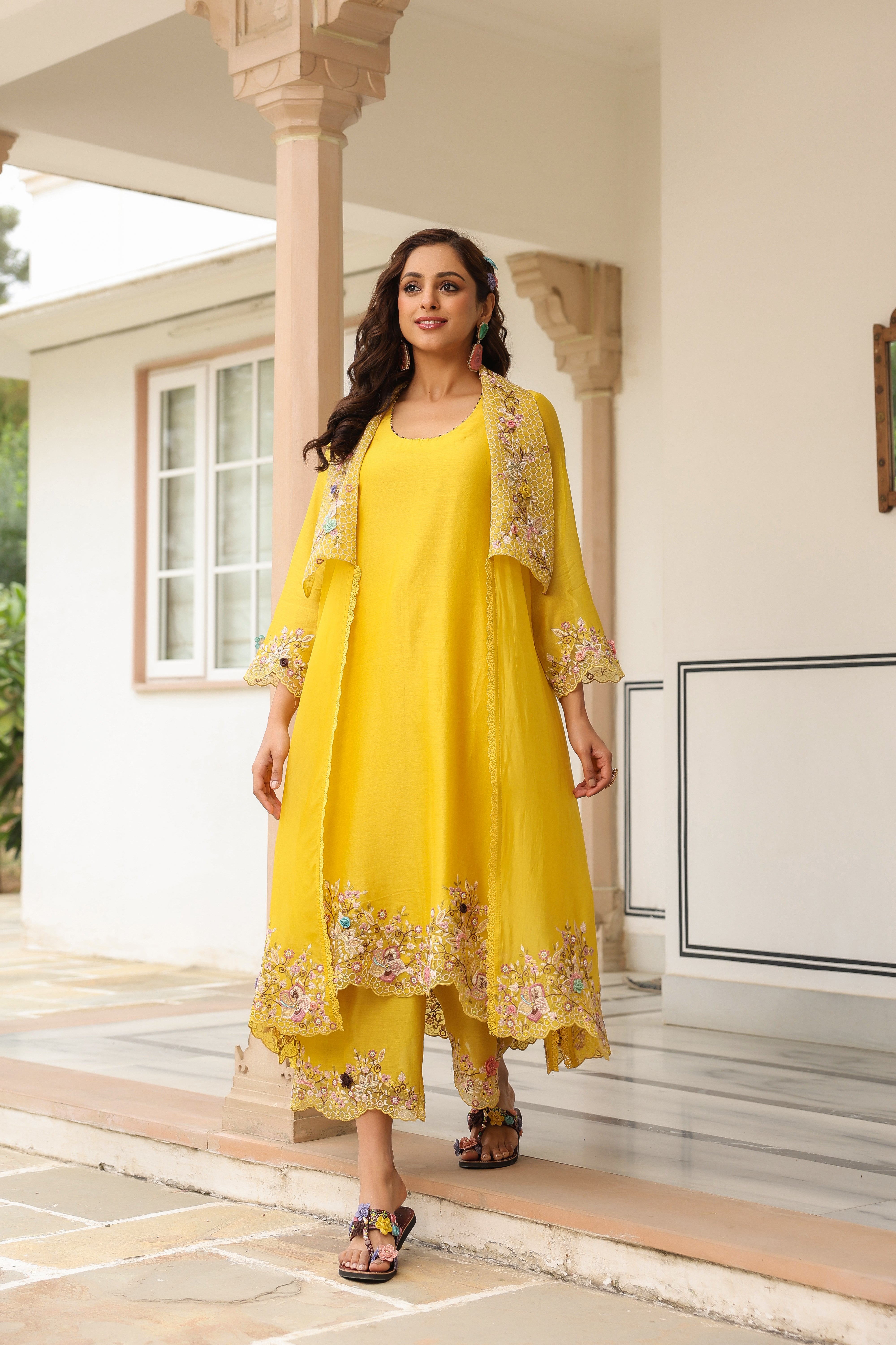 Yellow Heavy Jacket Style Reet Kurta Set