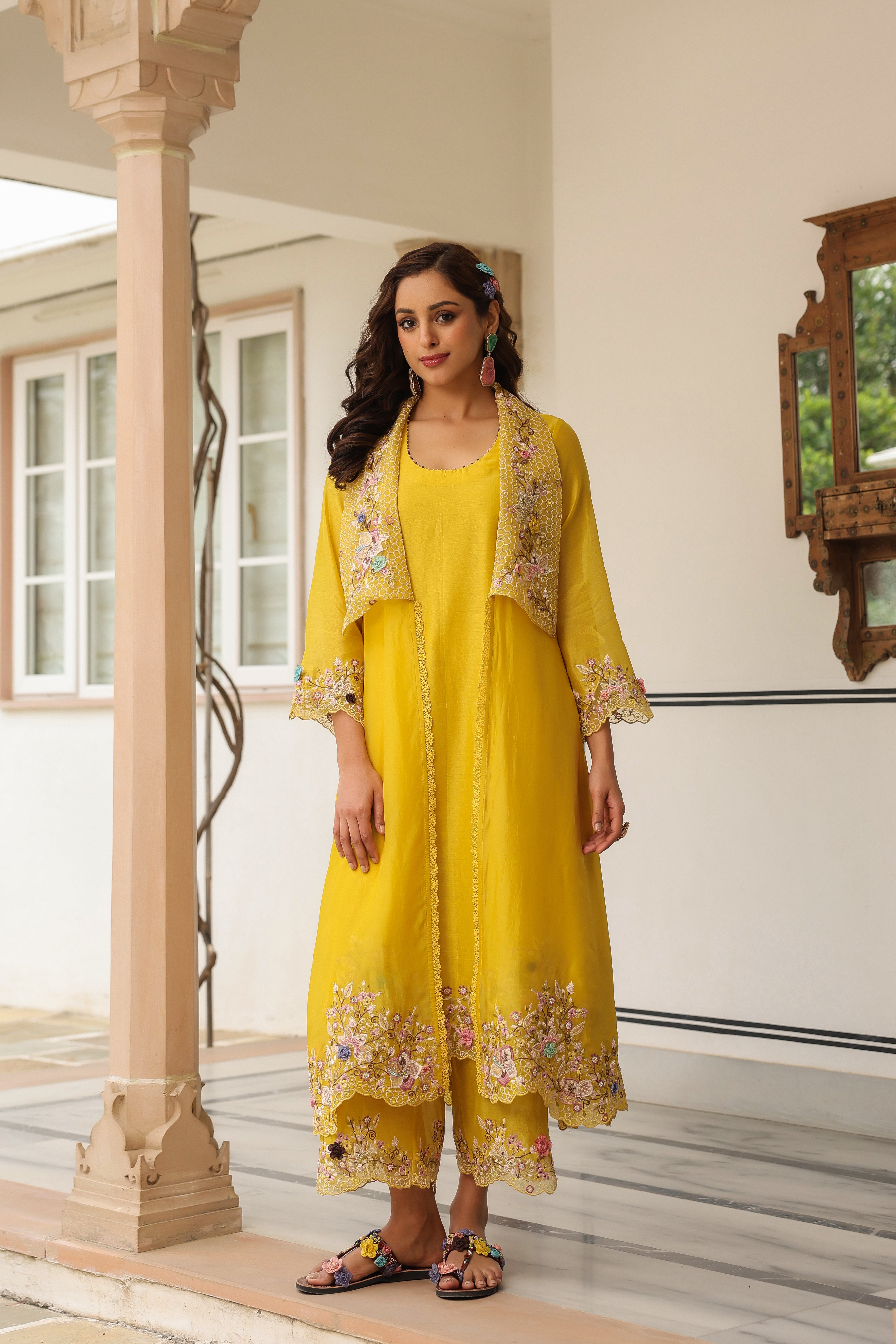 Yellow Heavy Jacket Style Reet Kurta Set