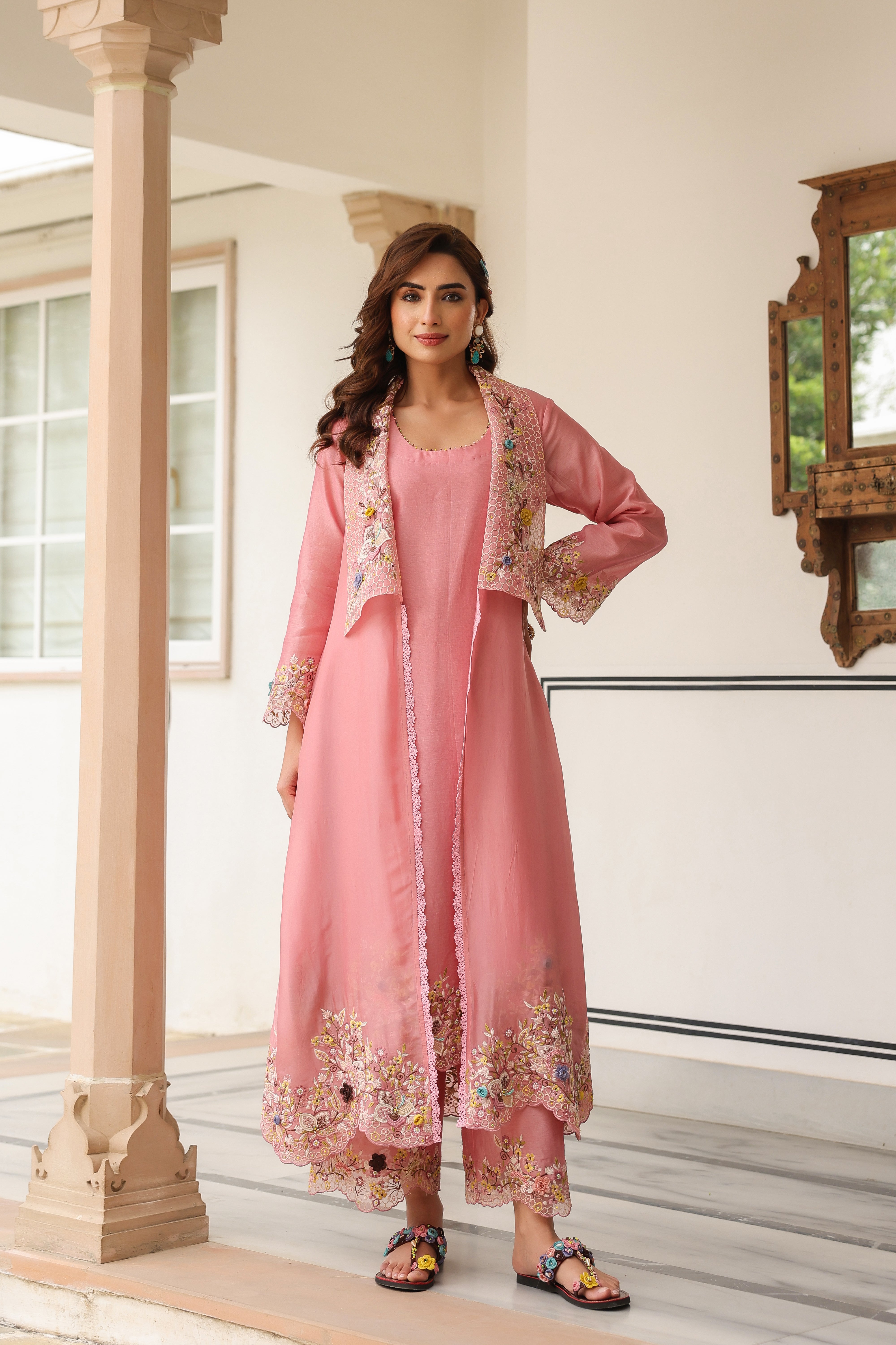 Pink Heavy Jacket Style Reet Kurta Set